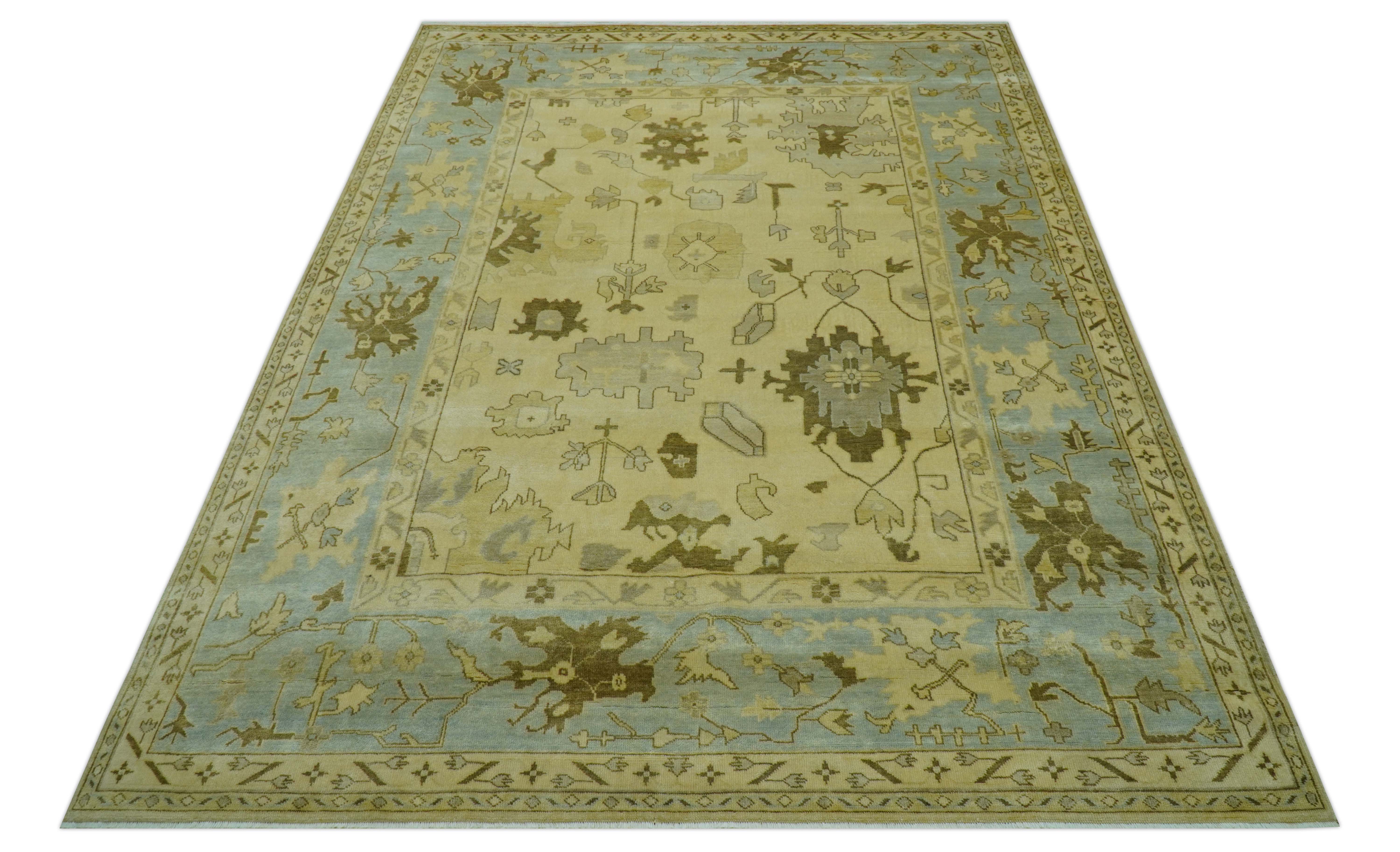 Traditional Oushak Design Blue And Beige Hand Knotted 9x13 Wool Area Rug - Image 10