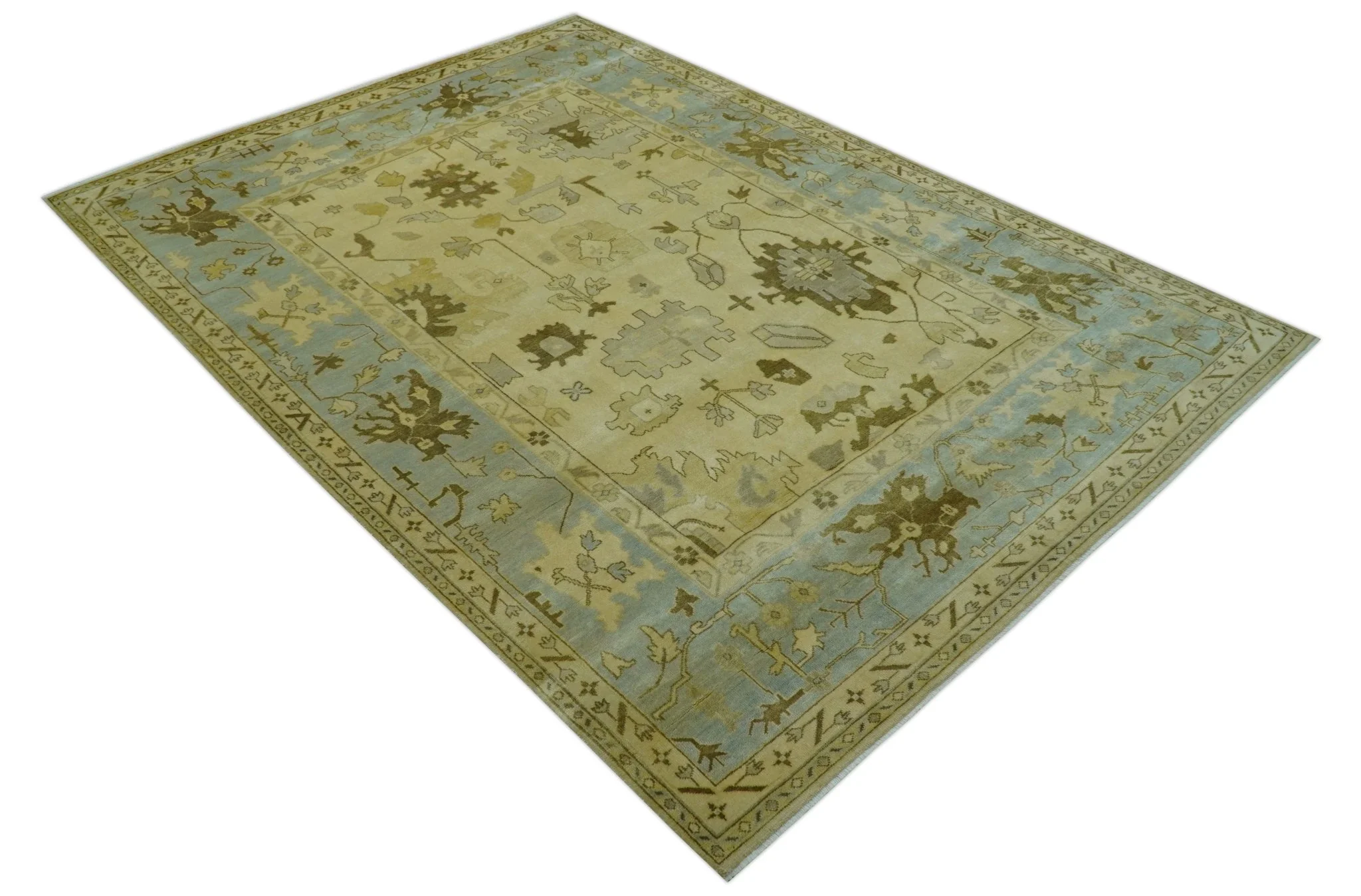 Traditional Oushak Design Blue And Beige Hand Knotted 9x13 Wool Area Rug - Image 11