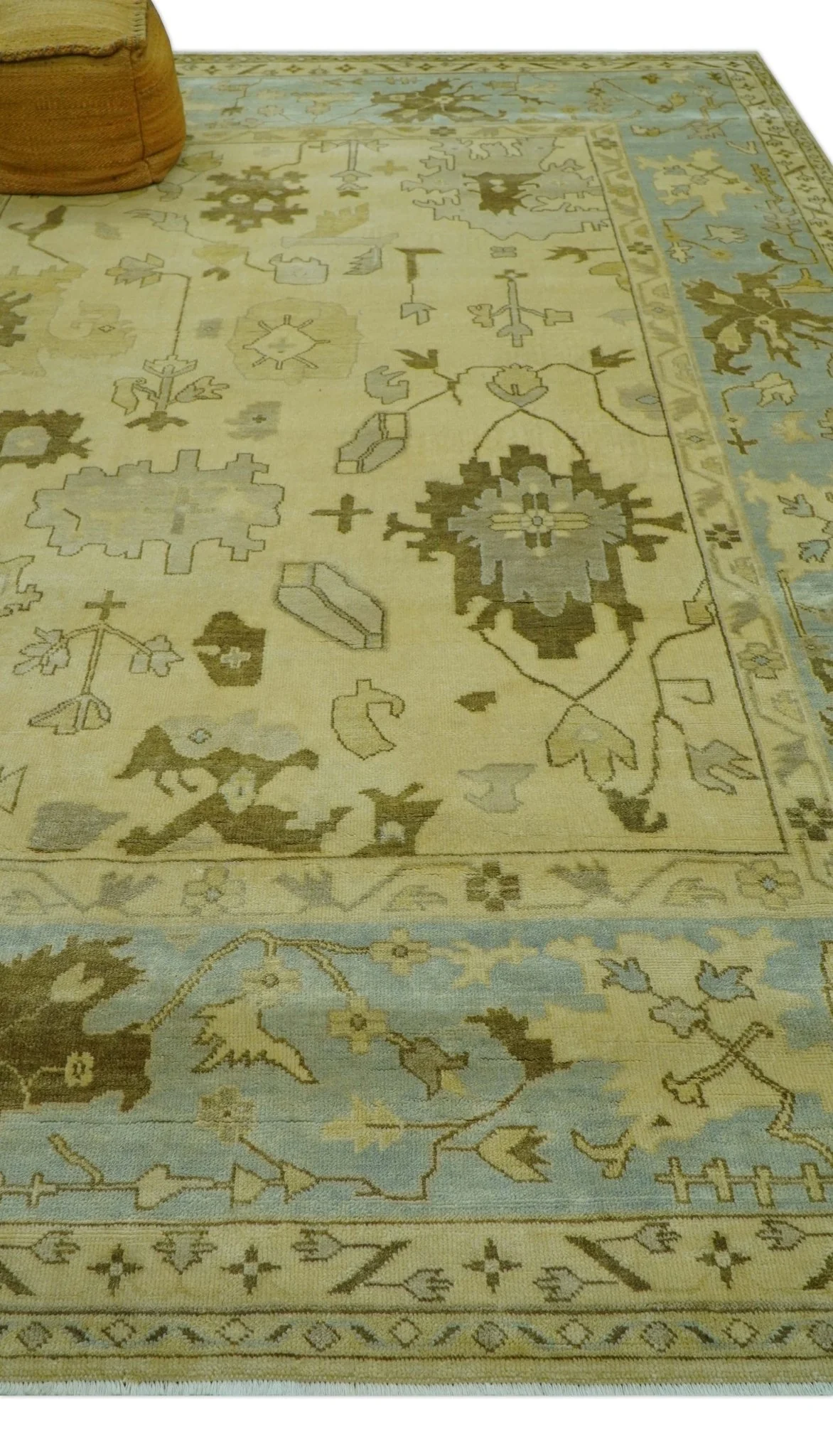 Traditional Oushak Design Blue And Beige Hand Knotted 9x13 Wool Area Rug - Image 9