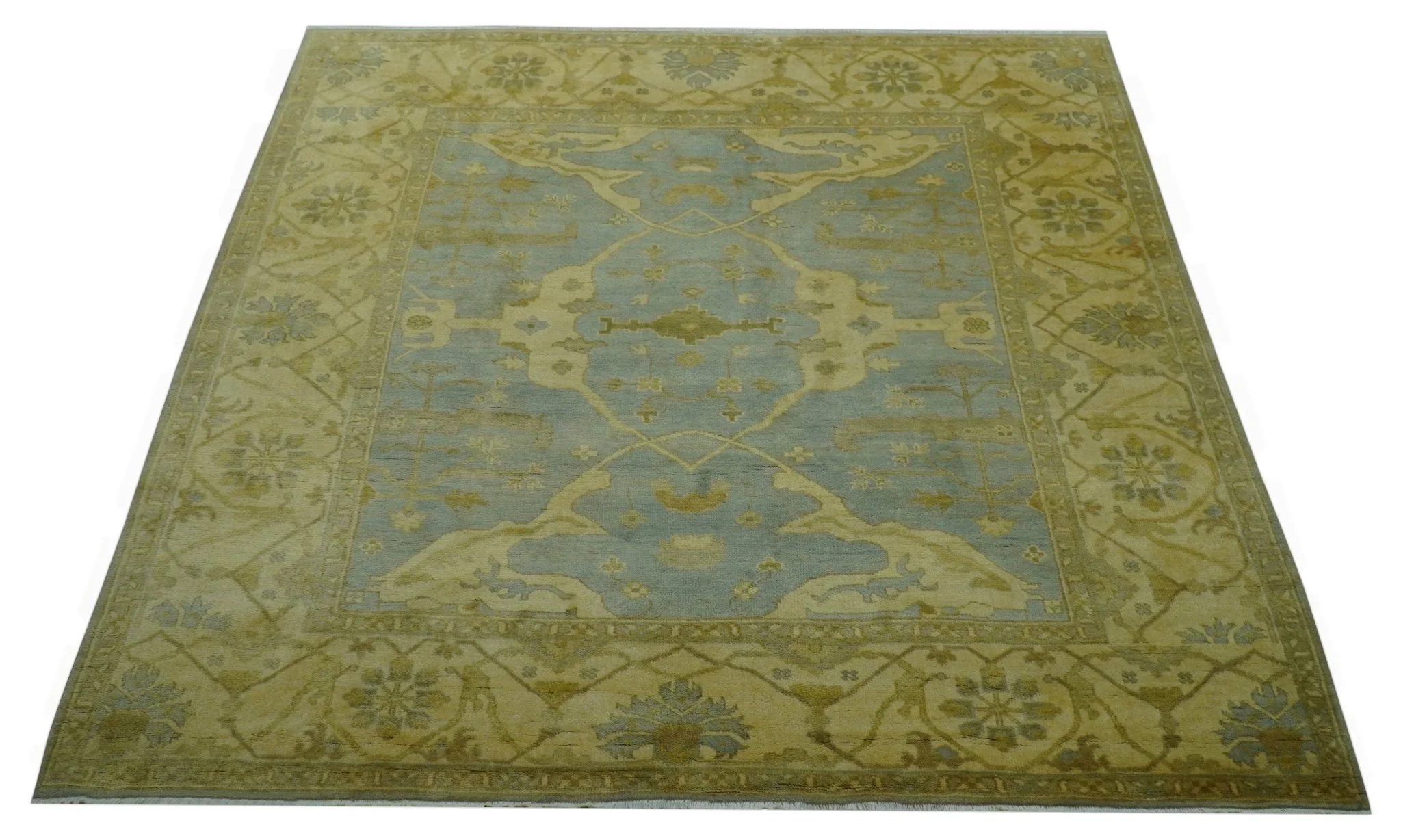Traditional Oushak Design Blue And Beige hand Knotted 8x8 Wool Area Rug - Image 11