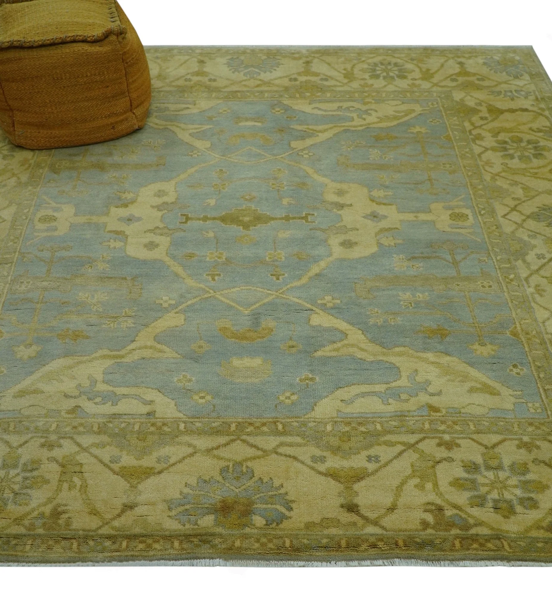 Traditional Oushak Design Blue And Beige hand Knotted 8x8 Wool Area Rug - Image 9