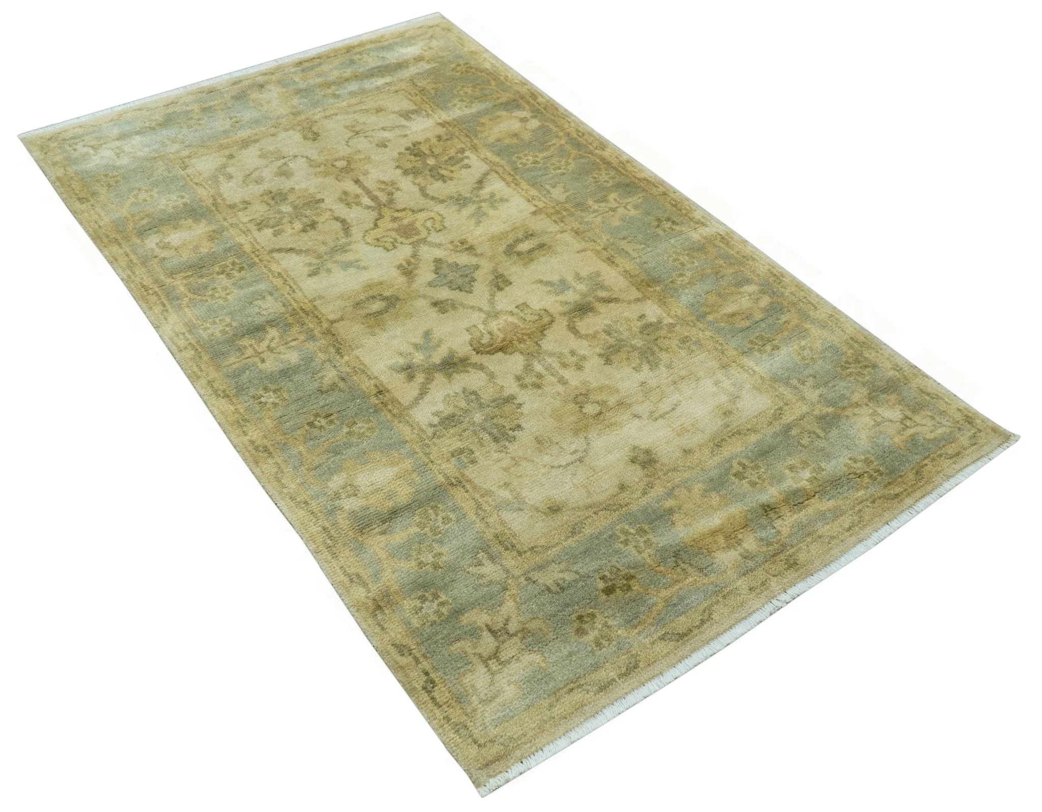 Traditional Oushak Design Blue And Beige Hand Knotted 3x5 Wool Area Rug - Image 10