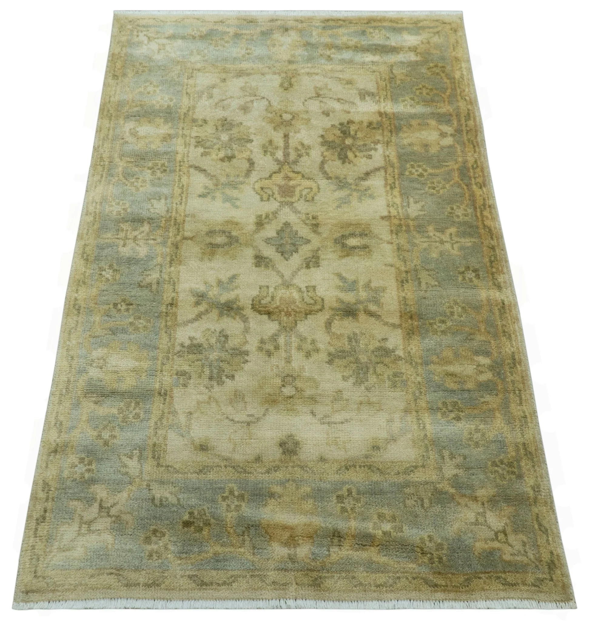 Traditional Oushak Design Blue And Beige Hand Knotted 3x5 Wool Area Rug - Image 11