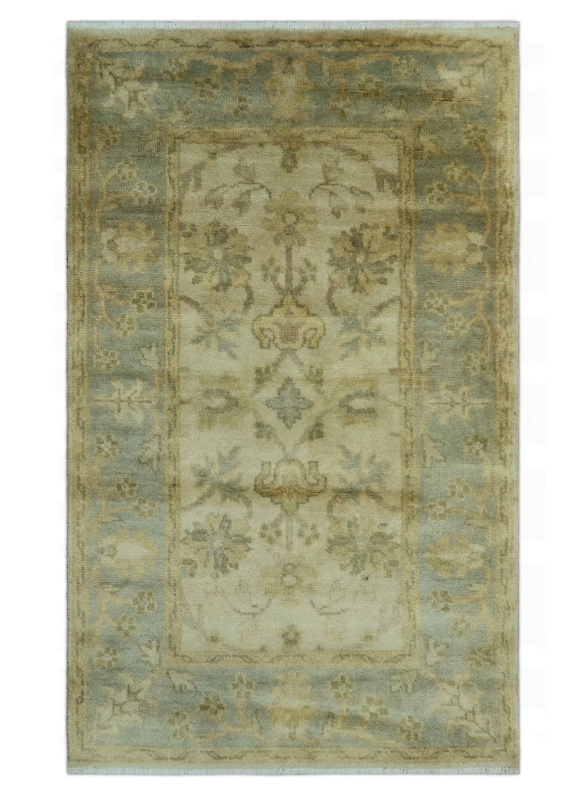 Traditional Oushak Design Blue And Beige Hand Knotted 3x5 Wool Area Rug - Image 9