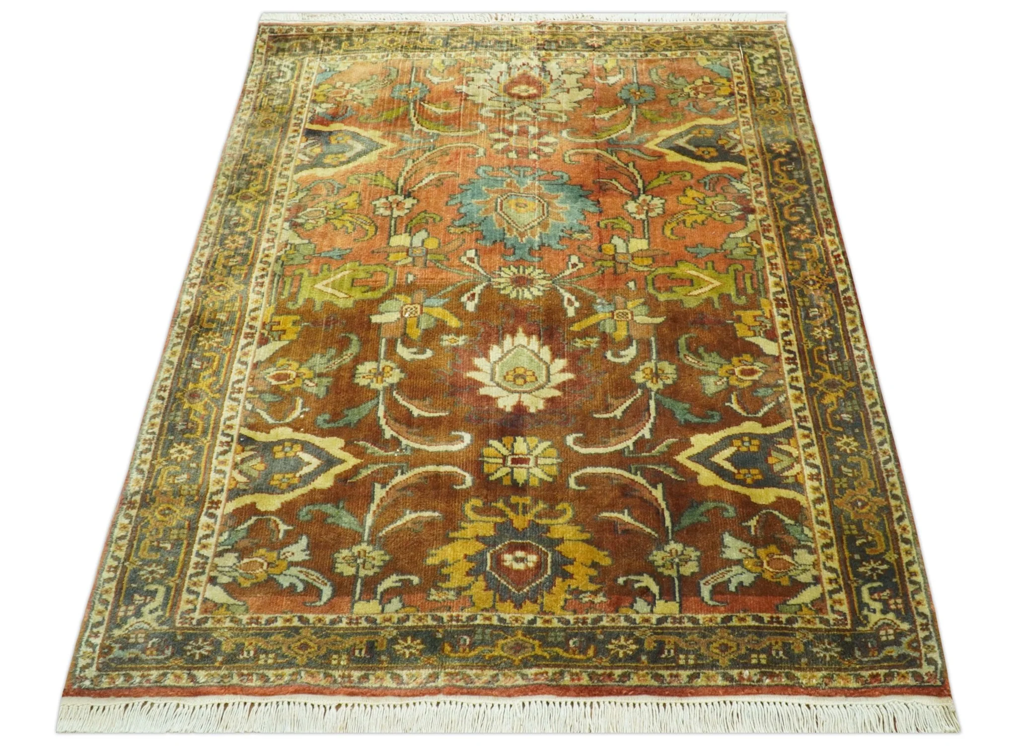 Traditional Antique Turkish Design Rust And Blue Hand Knotted 4x5 Wool Area Rug - Image 10