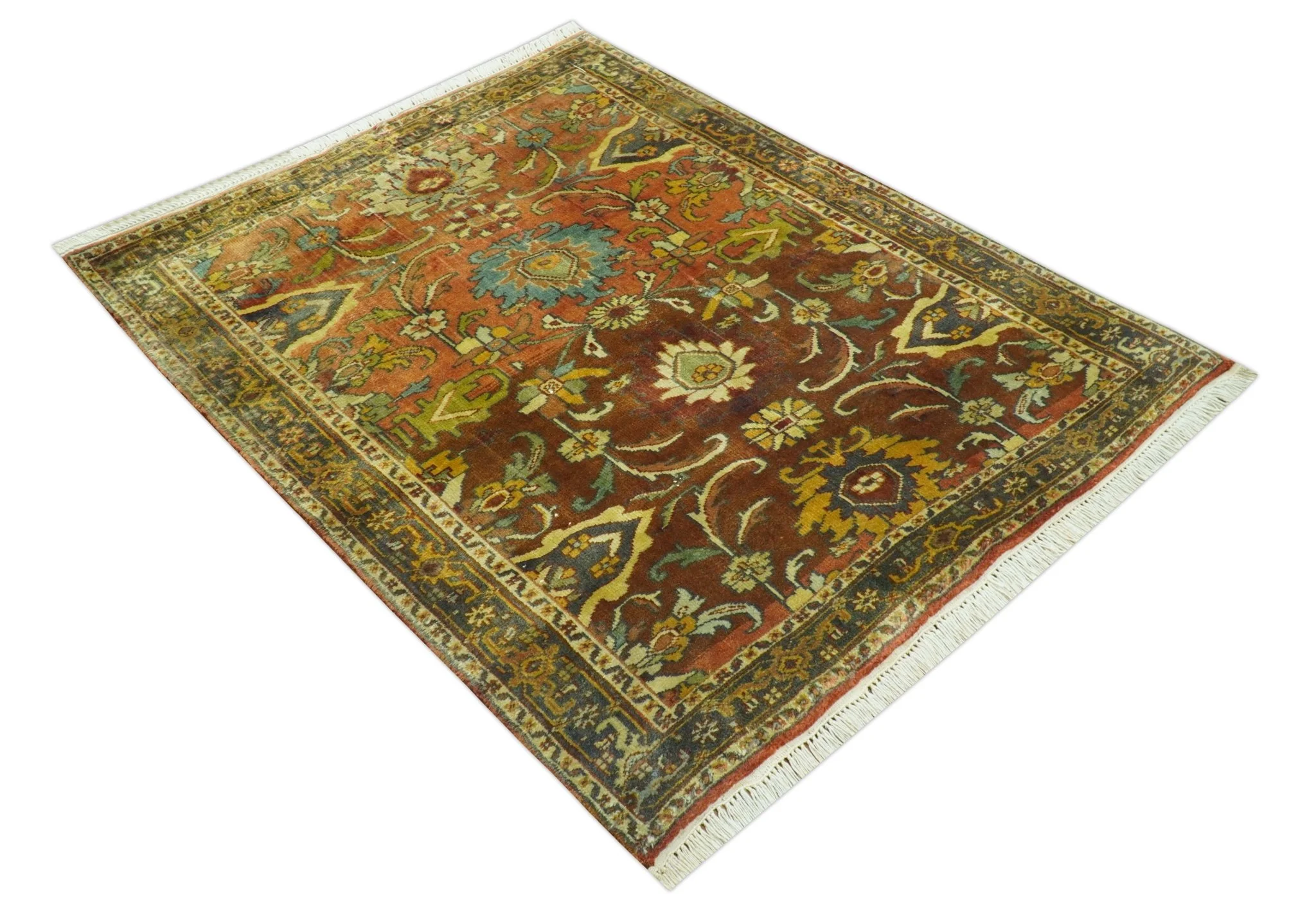 Traditional Antique Turkish Design Rust And Blue Hand Knotted 4x5 Wool Area Rug - Image 11