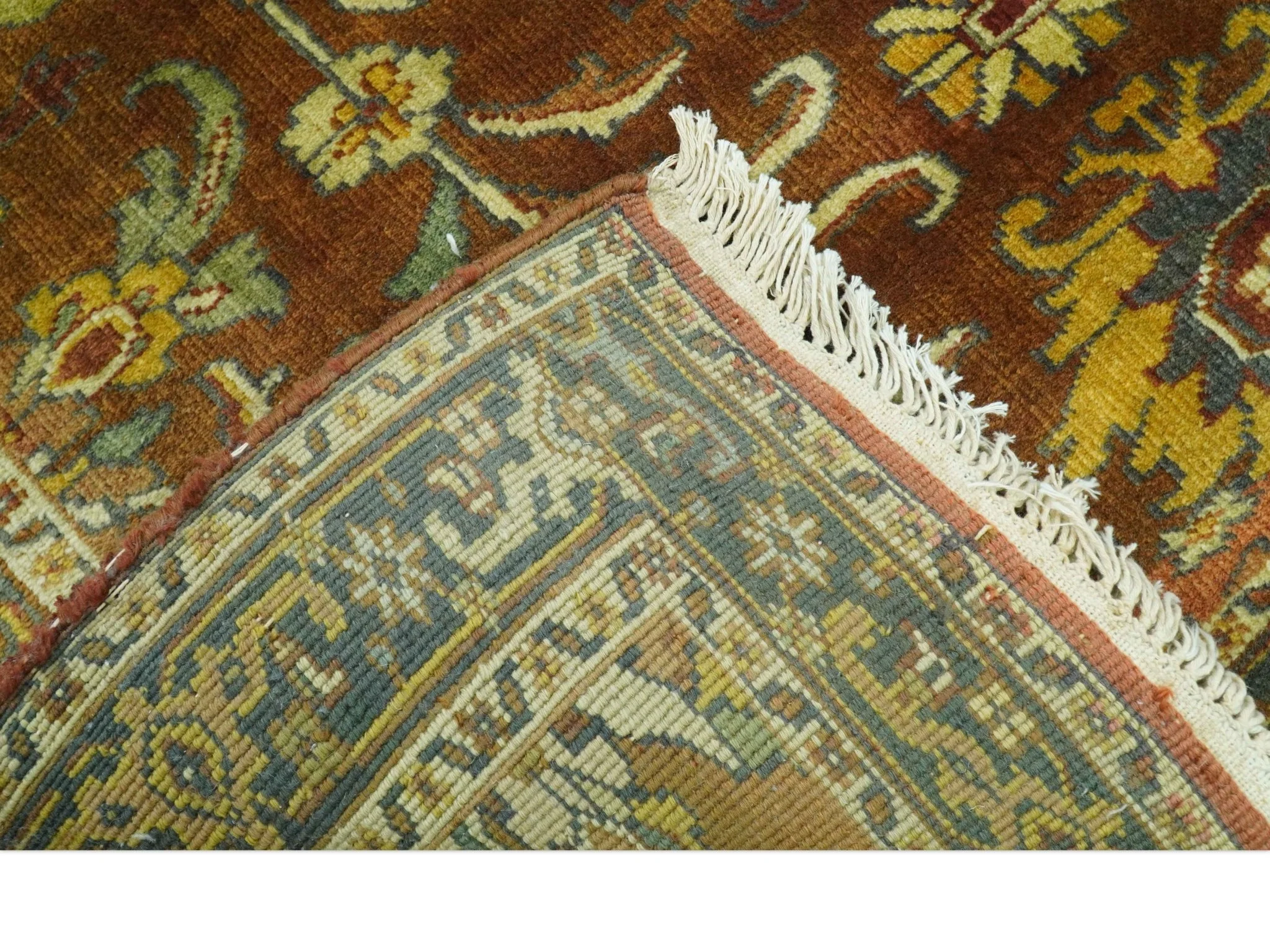 Traditional Antique Turkish Design Rust And Blue Hand Knotted 4x5 Wool Area Rug - Image 6