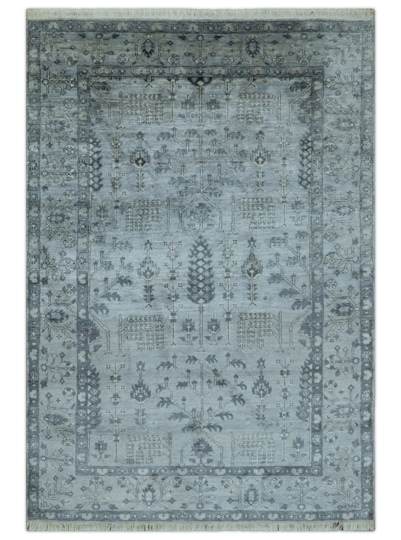 Tree of Life Silver And Gray 6x9 Hand Knotted Bamboo Silk Area Rug - Image 2