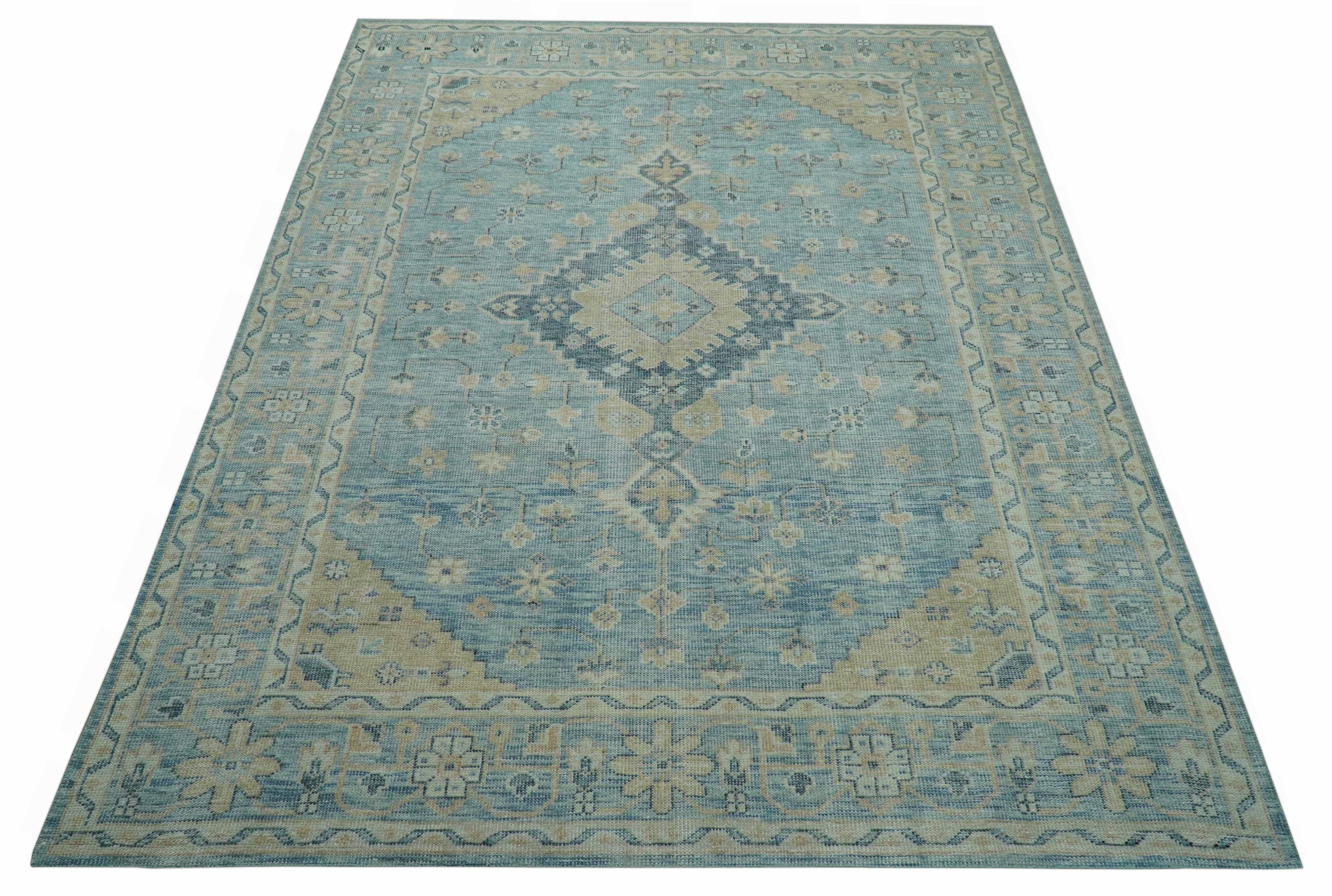 Traditional Turkish Design Blue And Beige Hand Knotted Wool Area Rug - Image 10