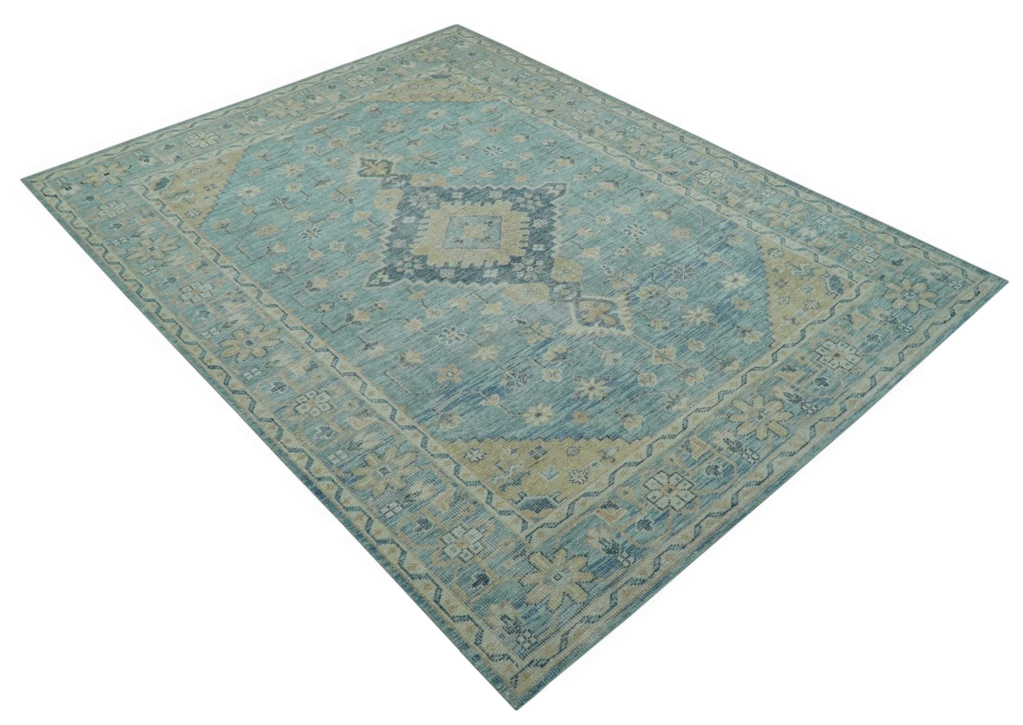Traditional Turkish Design Blue And Beige Hand Knotted Wool Area Rug - Image 11