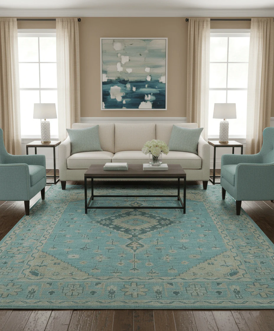 Traditional Turkish Design Blue And Beige Hand Knotted Wool Area Rug - Image 2