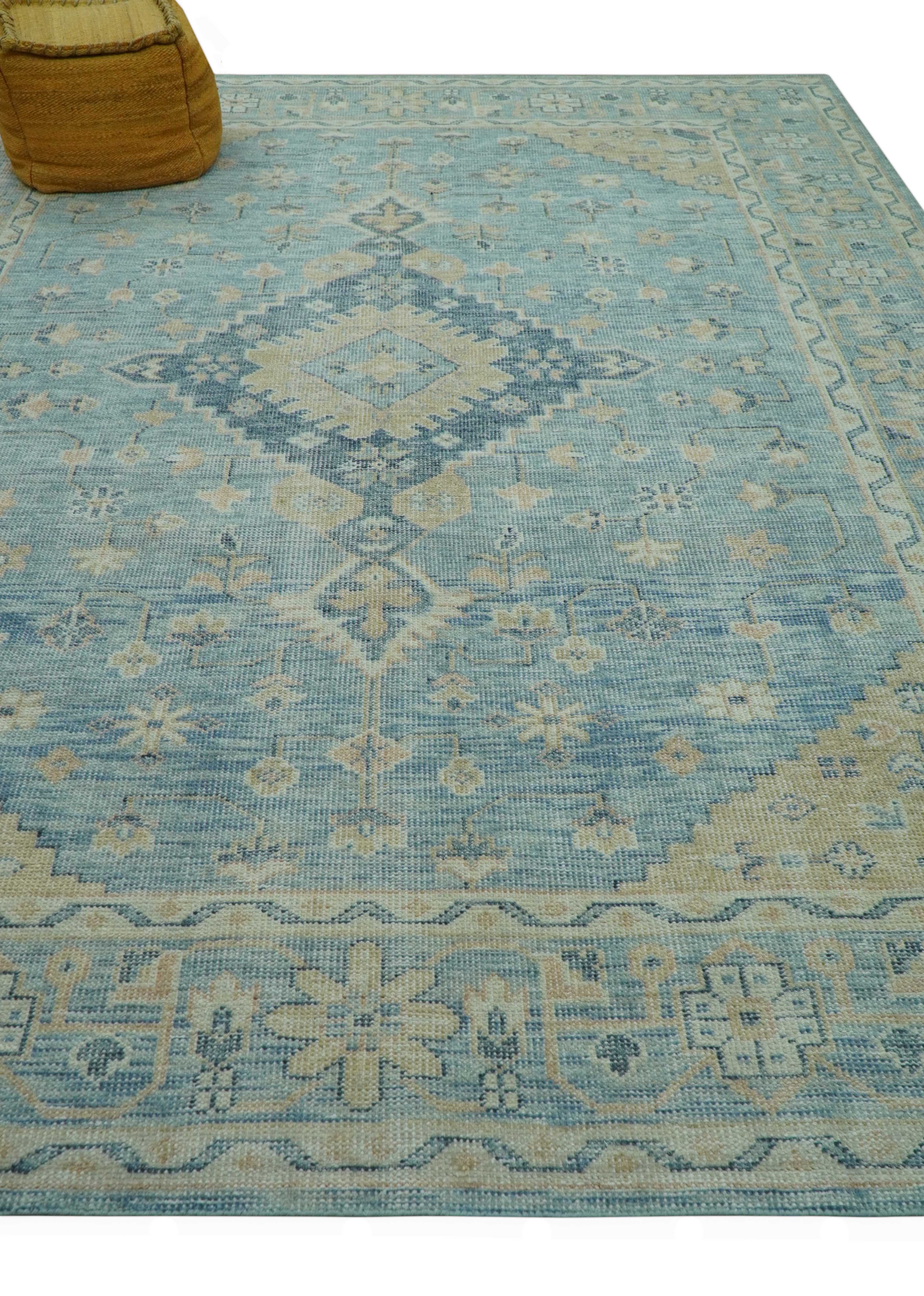 Traditional Turkish Design Blue And Beige Hand Knotted Wool Area Rug - Image 4