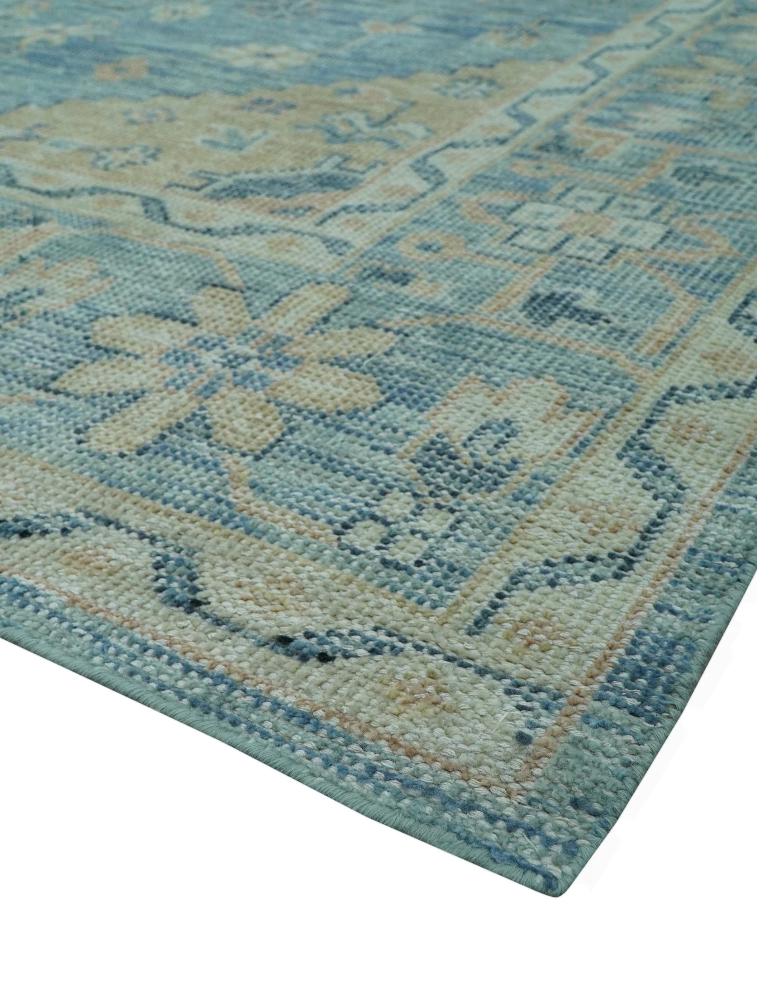 Traditional Turkish Design Blue And Beige Hand Knotted Wool Area Rug - Image 5