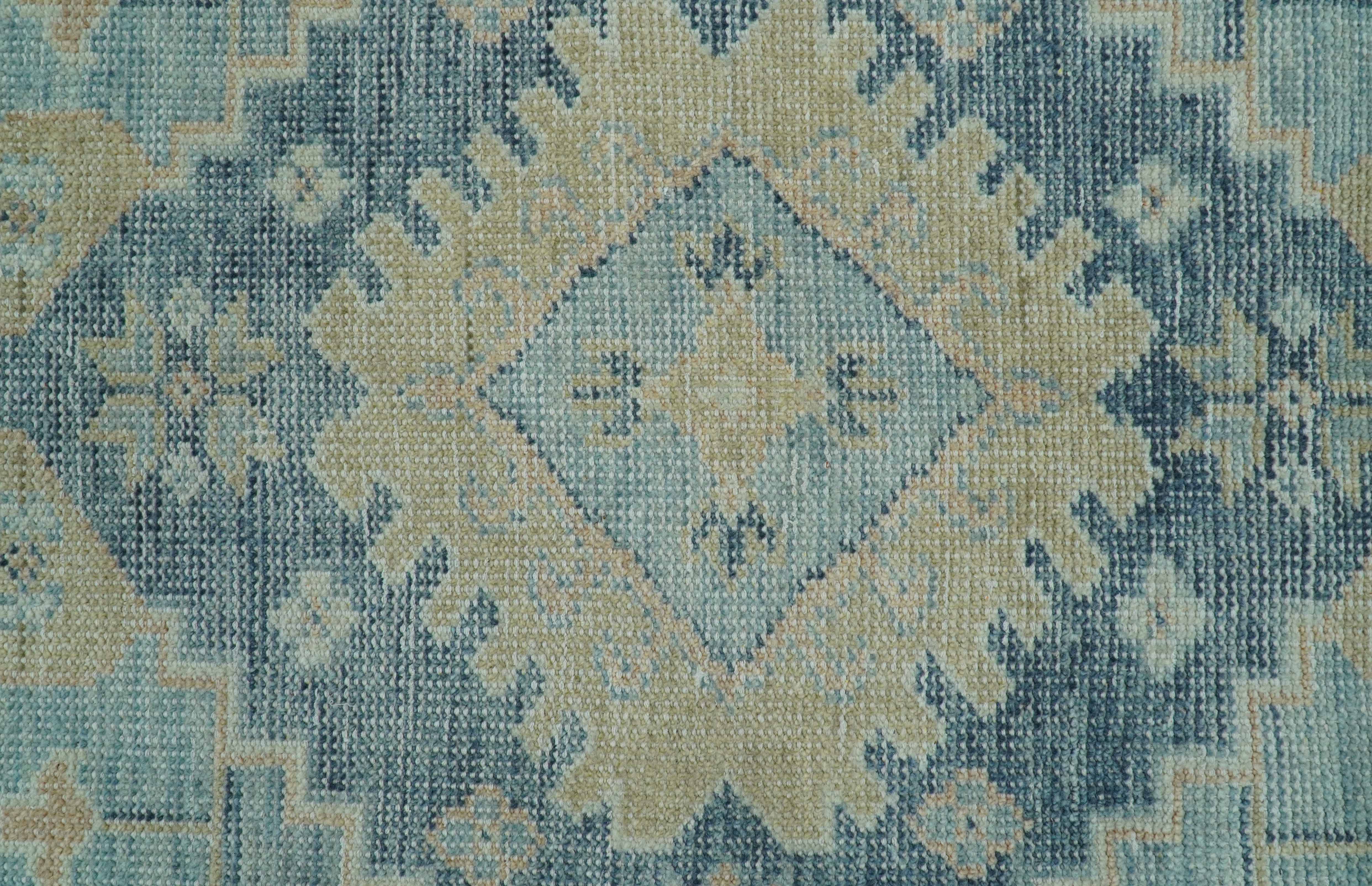 Traditional Turkish Design Blue And Beige Hand Knotted Wool Area Rug - Image 8