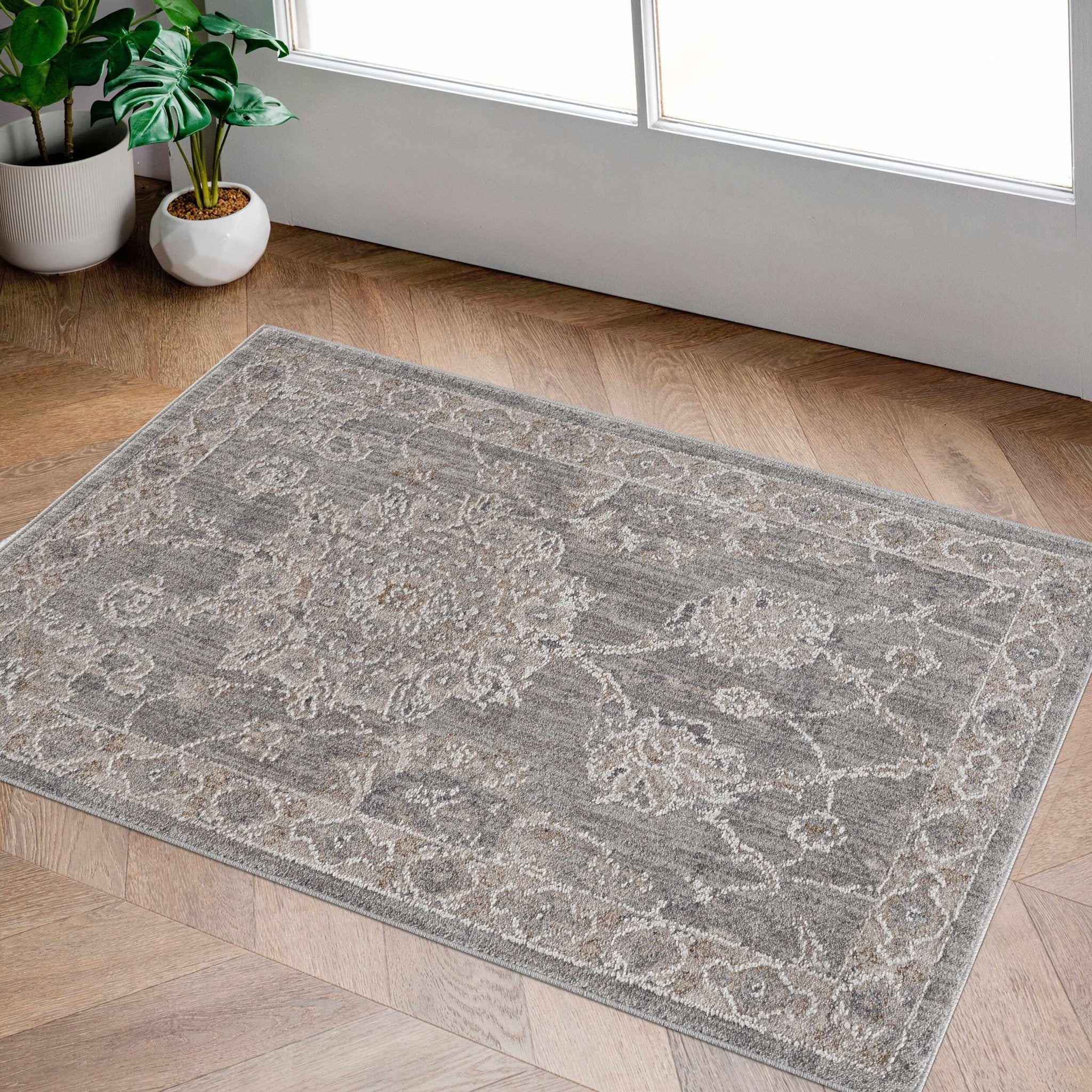 Traditional Vintage Style Gray, Beige, Violet and White Medium Pile Rug - Image 3