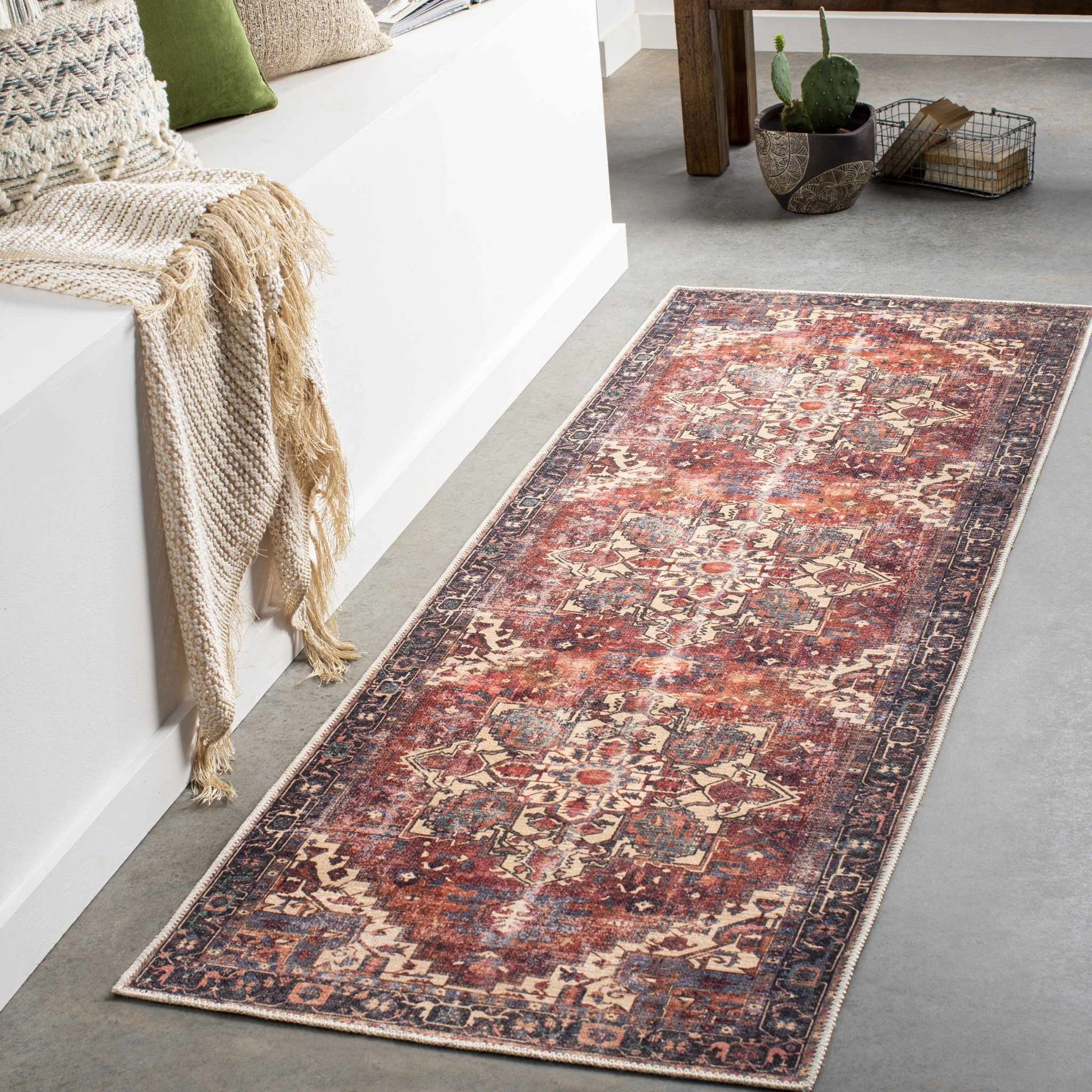 Traditional Vintage Style Brown, Rust And Beige Machine Woven Washable Rug - Image 2