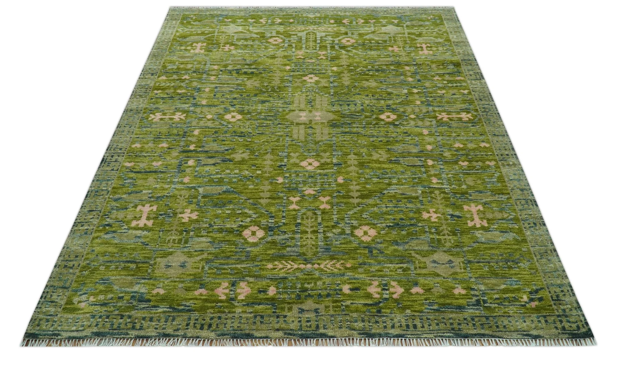 Transitional Design Green And Blue Hand Knotted Custom Made Wool Rug - Image 12
