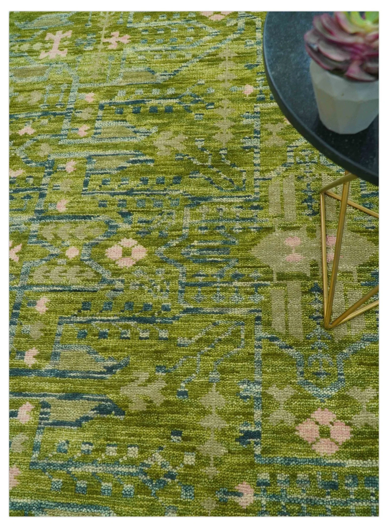 Transitional Design Green And Blue Hand Knotted Custom Made Wool Rug - Image 3