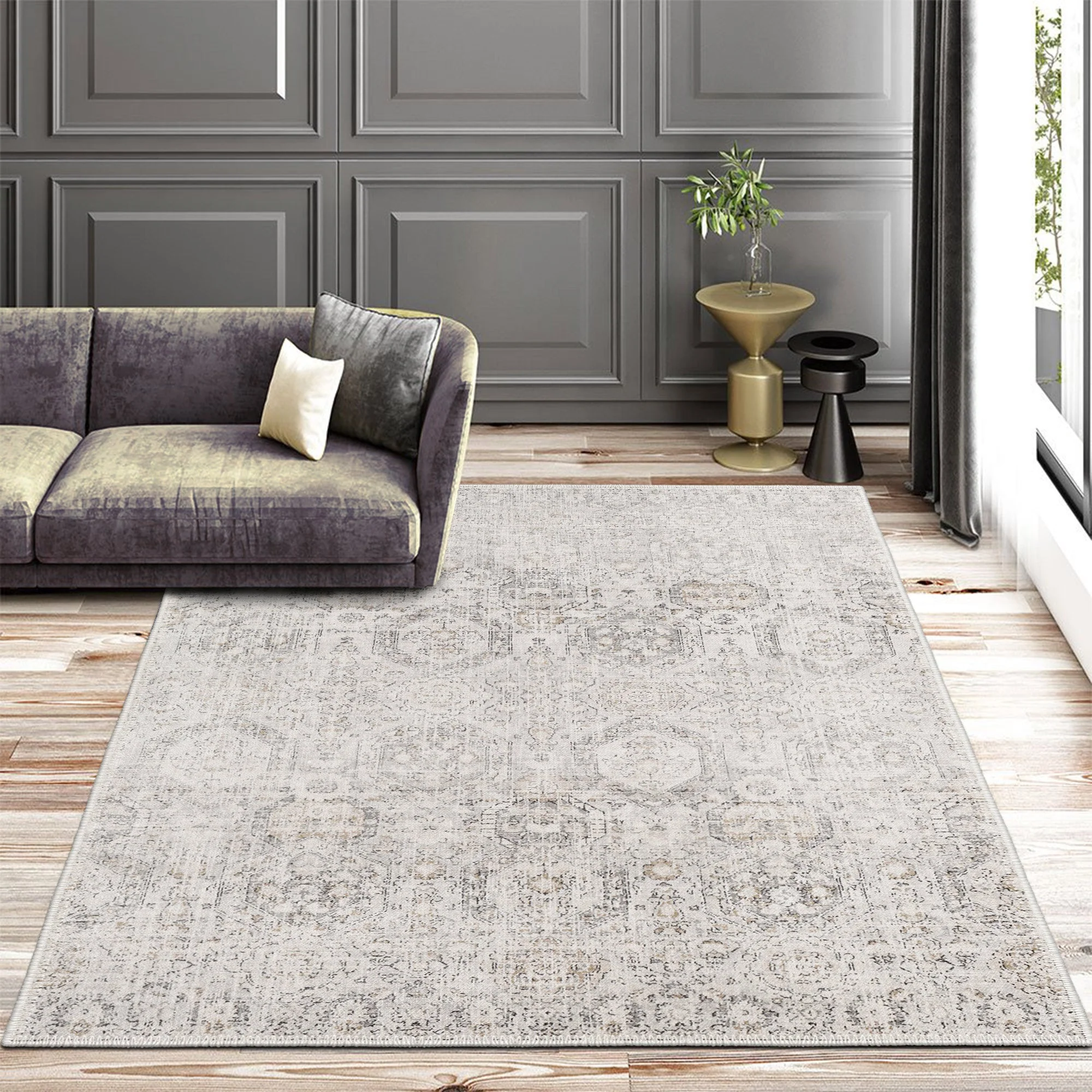 Transitional Style Ivory Machine Washable Cotton Rug - Image 2