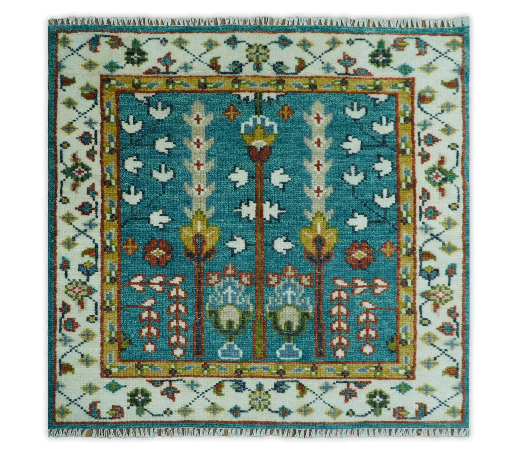 Tree of Life Traditional Hand Knotted Teal Blue and Ivory Custom Made Wool Area Rug - Image 11