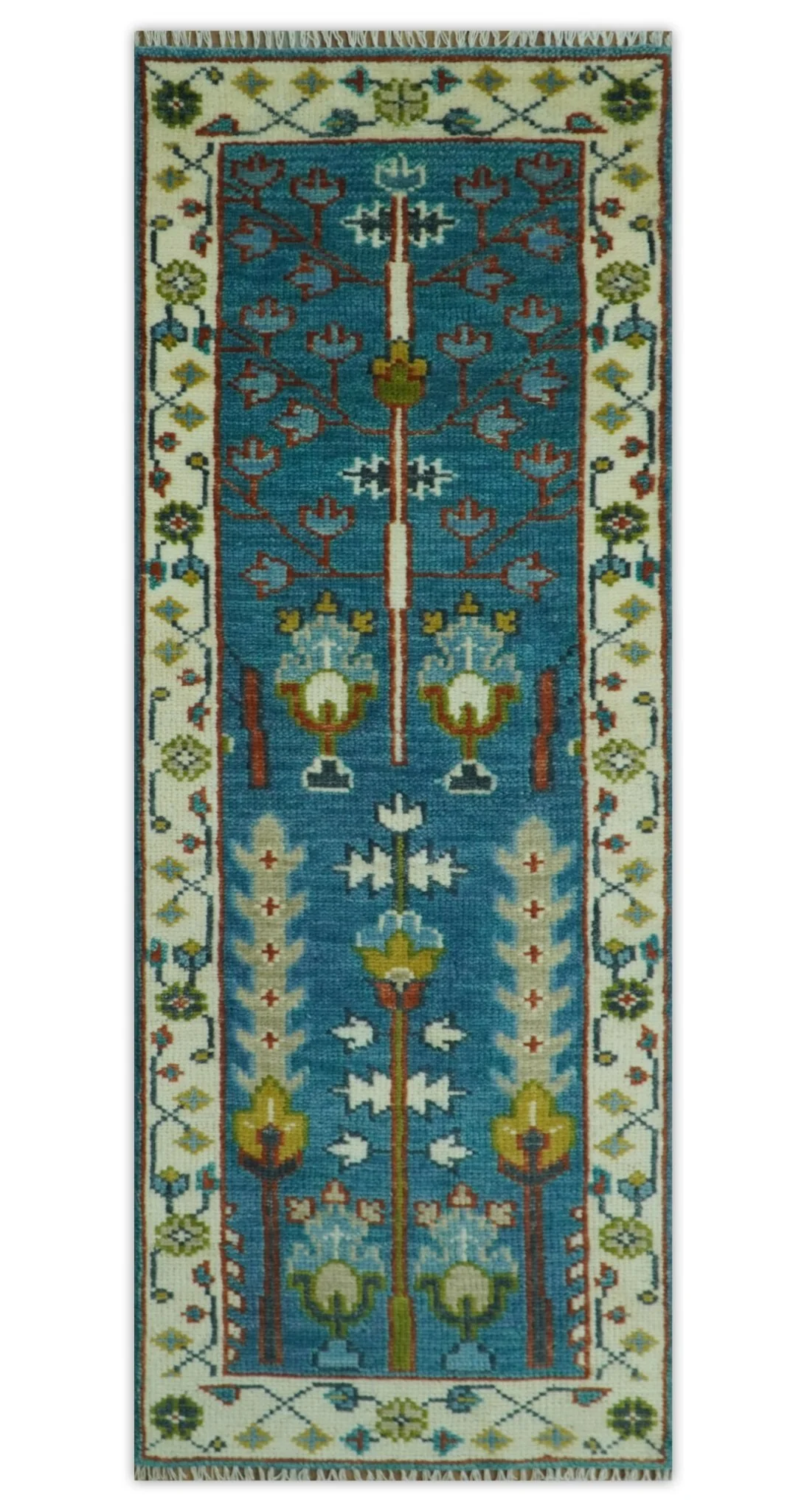 Tree of Life Traditional Hand Knotted Teal Blue and Ivory Custom Made Wool Area Rug - Image 12