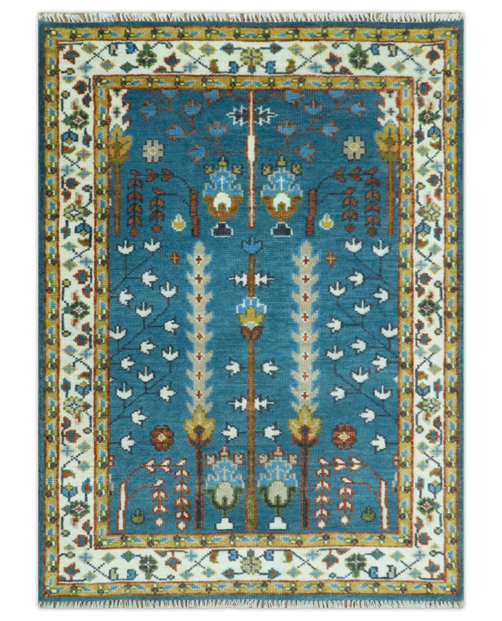 Tree of Life Traditional Hand Knotted Teal Blue and Ivory Custom Made Wool Area Rug - Image 13