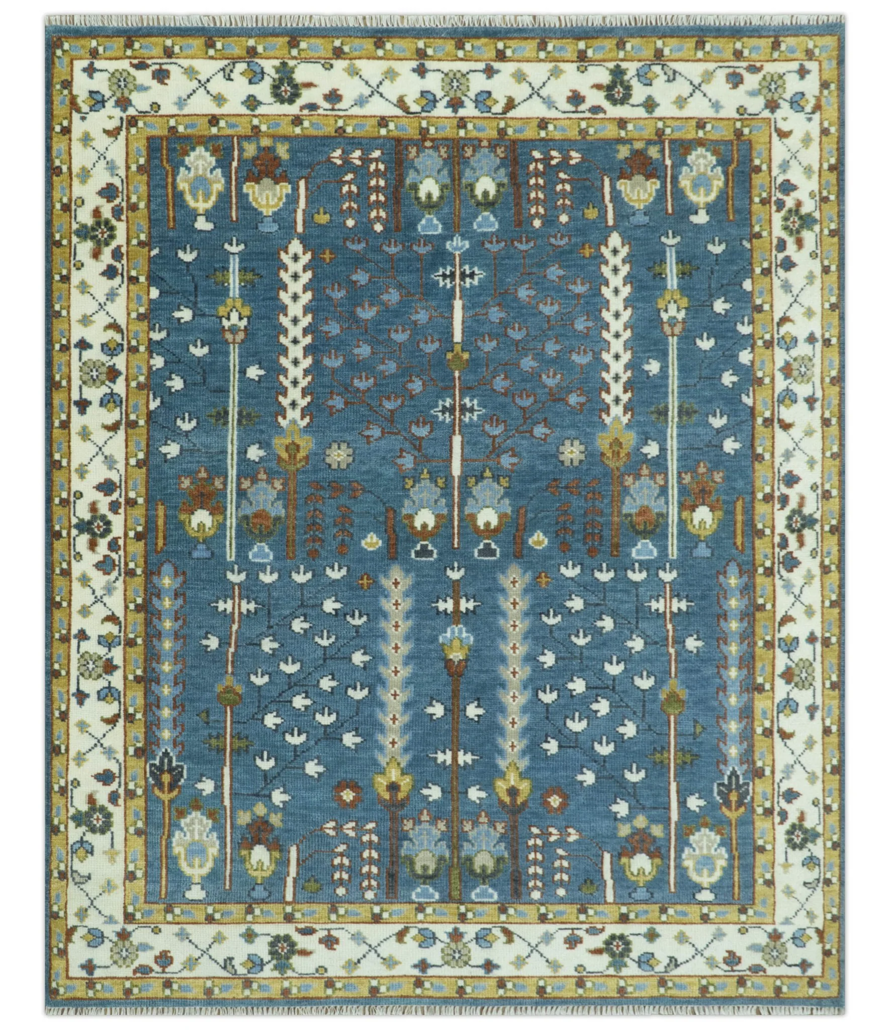 Tree of Life Traditional Hand Knotted Teal Blue and Ivory Custom Made Wool Area Rug - Image 14