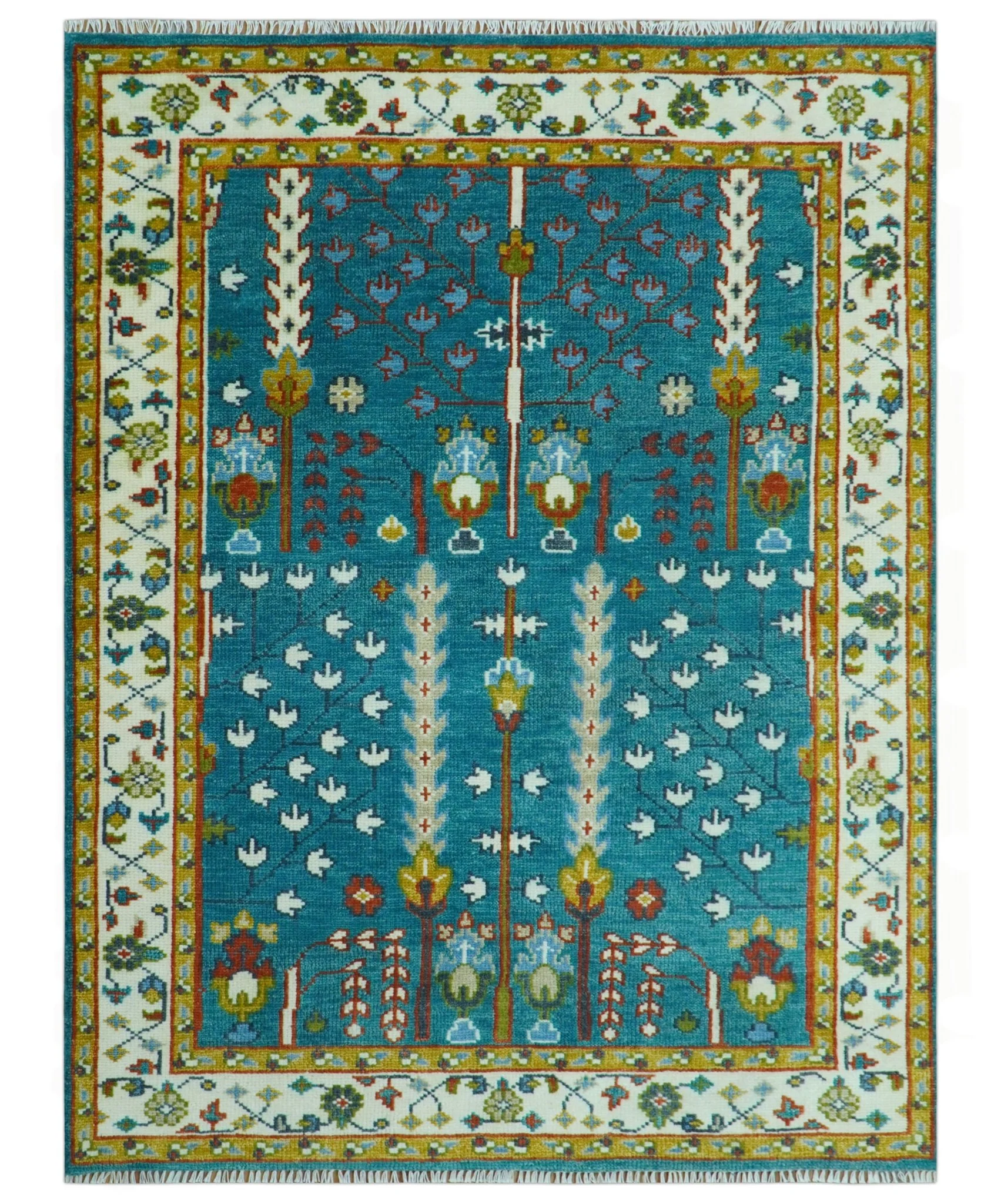 Tree of Life Traditional Hand Knotted Teal Blue and Ivory Custom Made Wool Area Rug - Image 15