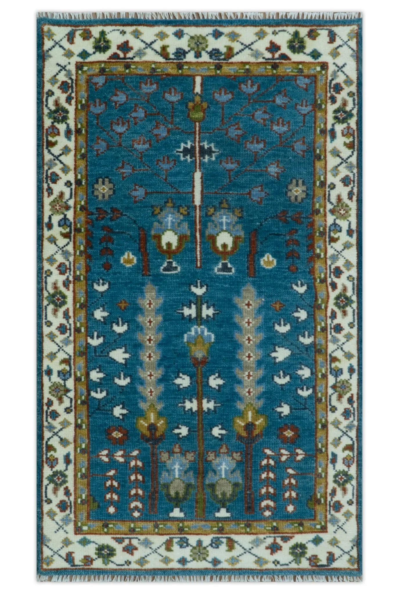 Tree of Life Traditional Hand Knotted Teal Blue and Ivory Custom Made Wool Area Rug - Image 16