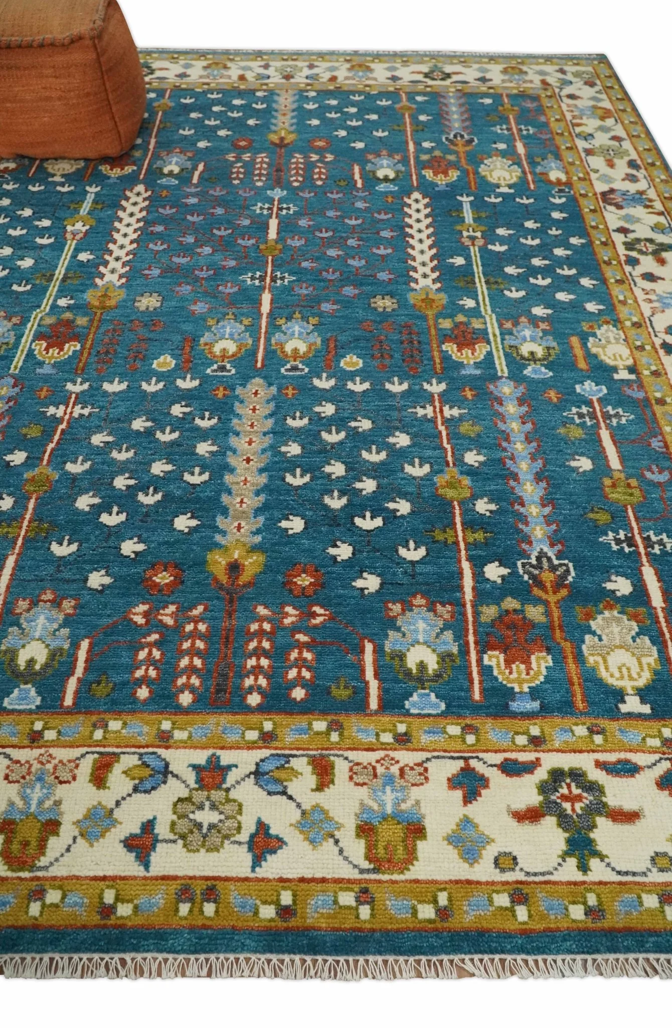 Tree of Life Traditional Hand Knotted Teal Blue and Ivory Custom Made Wool Area Rug - Image 3