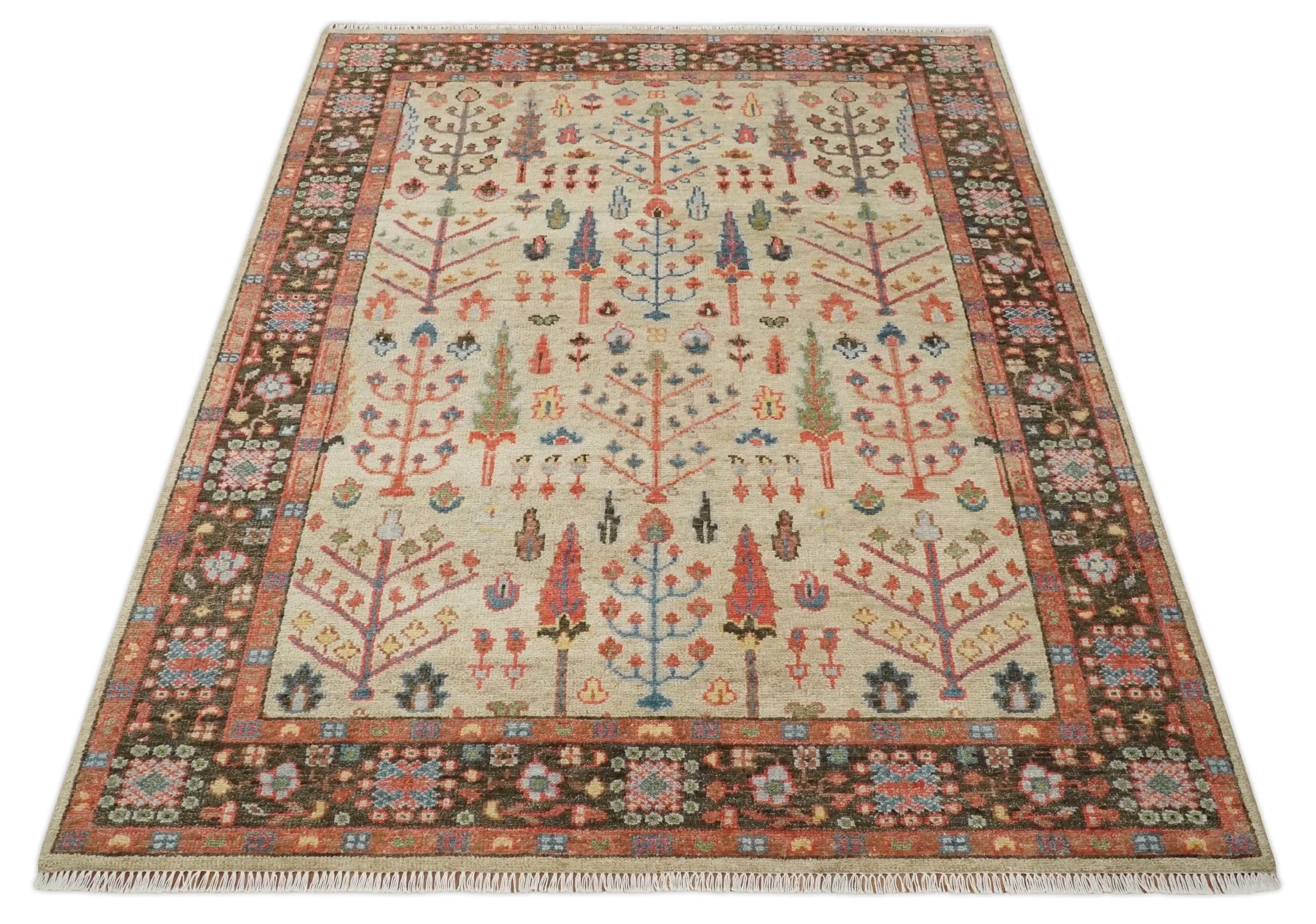 Beige, Brown and Rust Tree of Life Hand Knotted Traditional Multi Size Wool Rug - Image 10