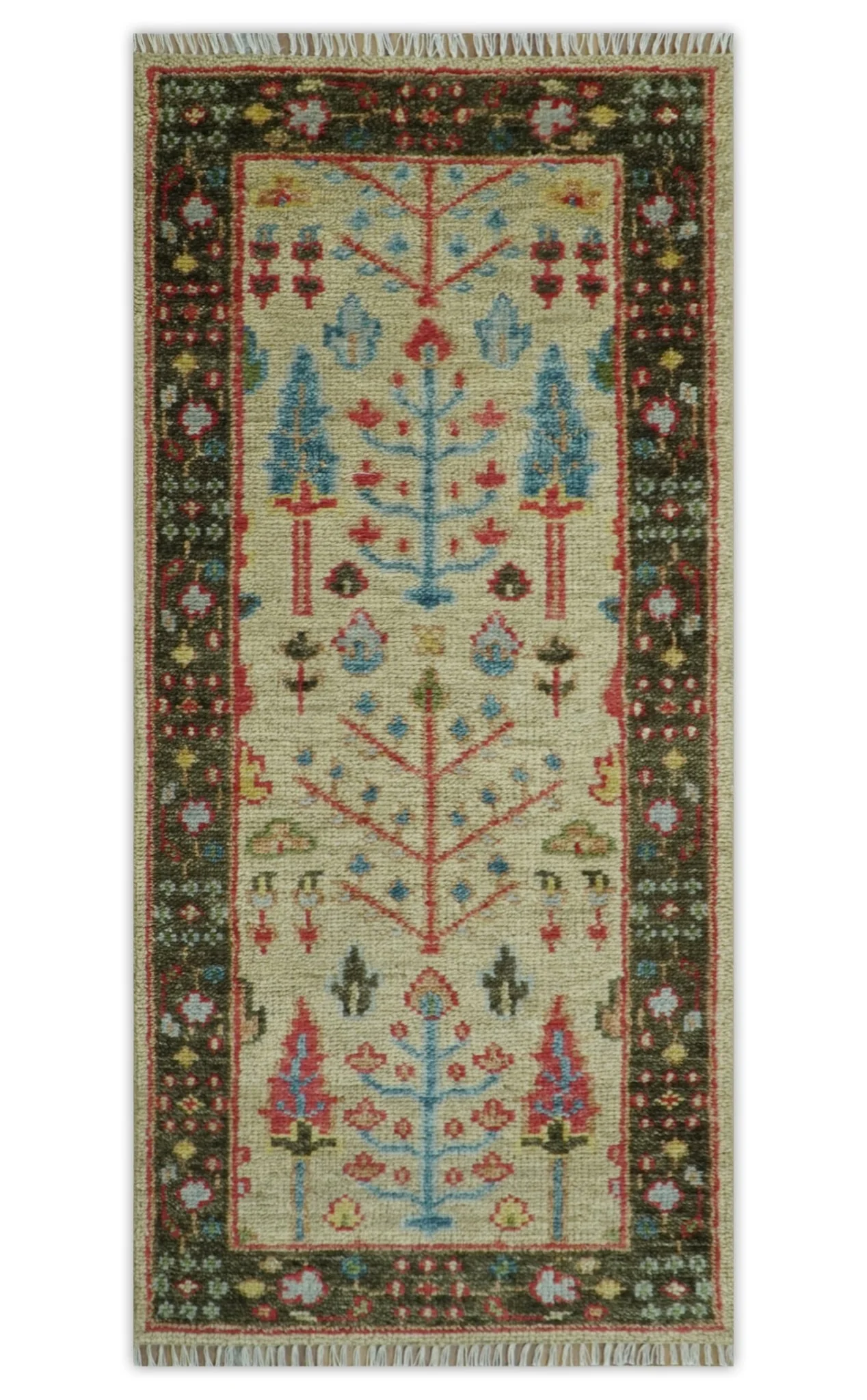 Beige, Brown and Rust Tree of Life Hand Knotted Traditional Multi Size Wool Rug - Image 11
