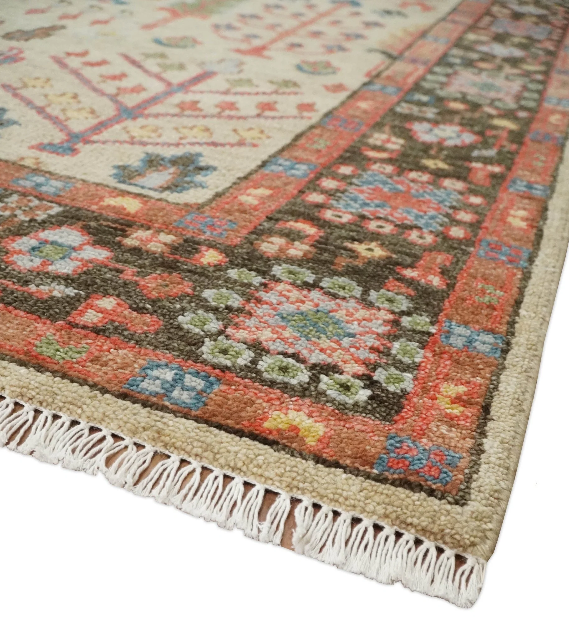 Beige, Brown and Rust Tree of Life Hand Knotted Traditional Multi Size Wool Rug - Image 5