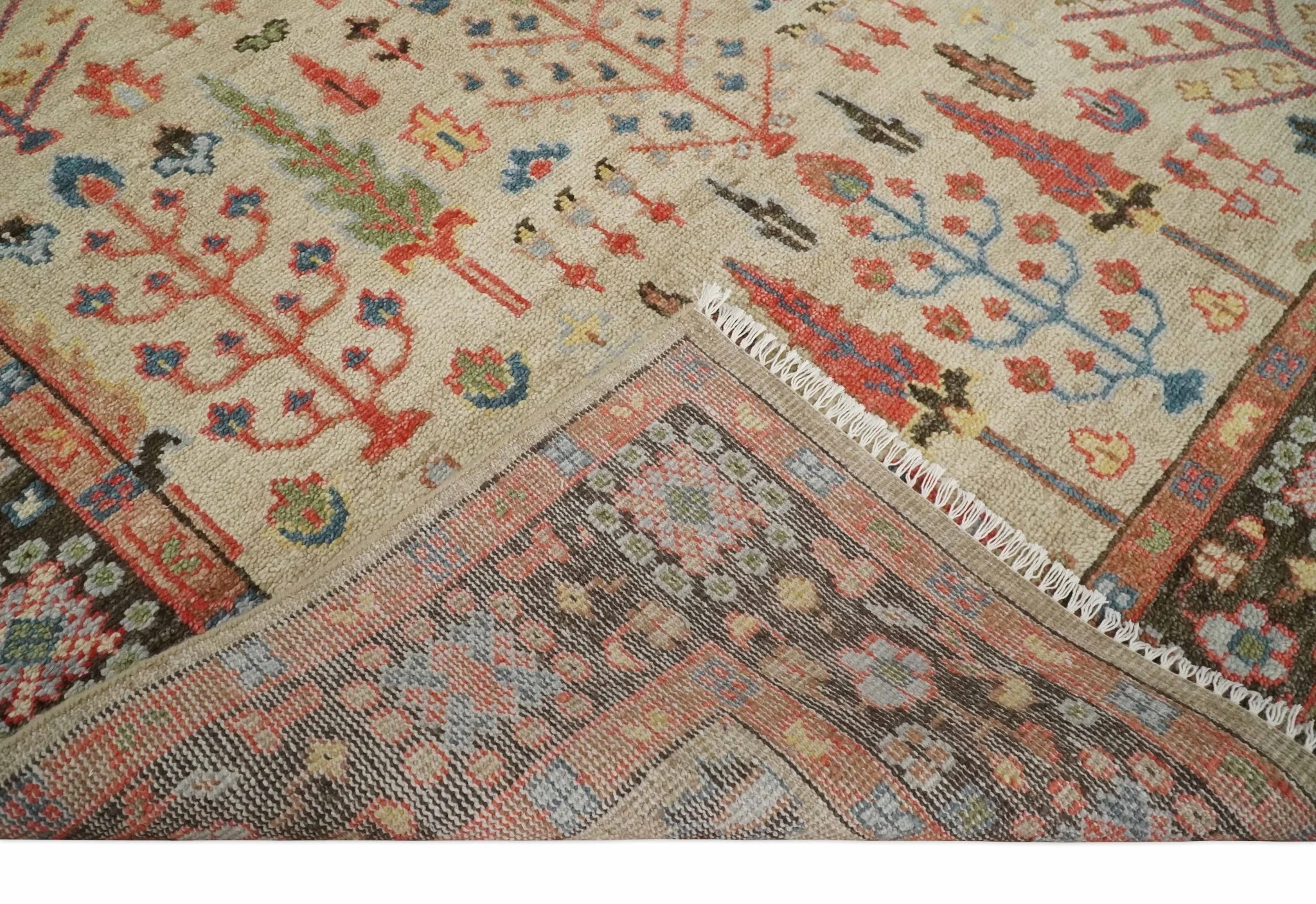 Beige, Brown and Rust Tree of Life Hand Knotted Traditional Multi Size Wool Rug - Image 7