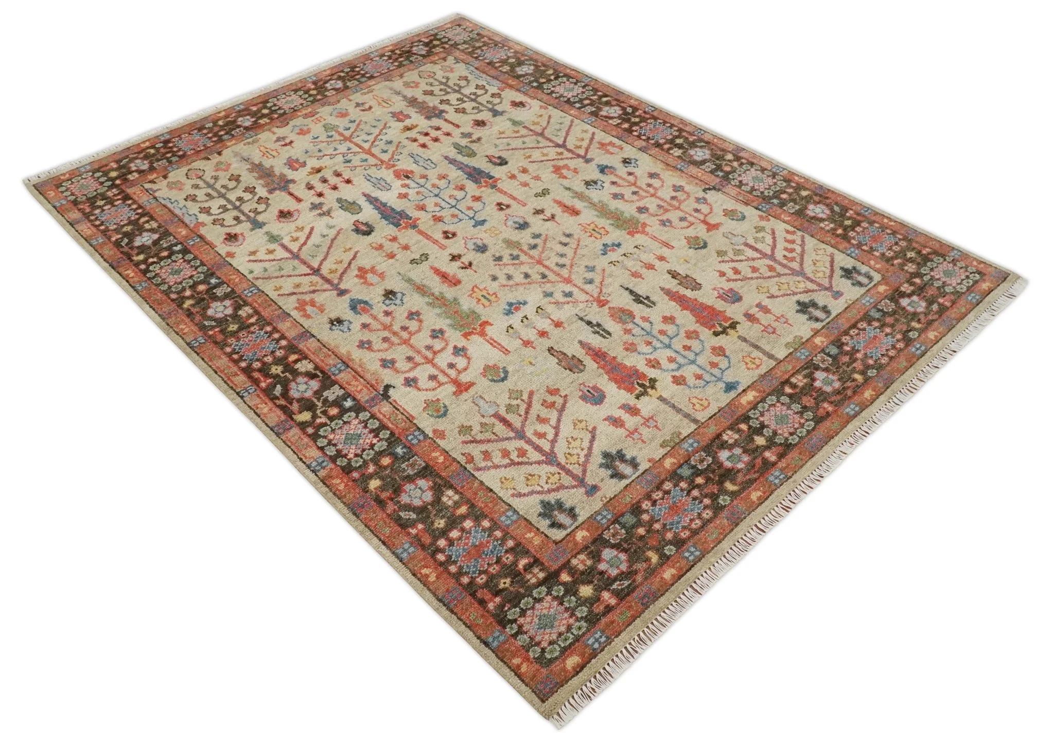 Beige, Brown and Rust Tree of Life Hand Knotted Traditional Multi Size Wool Rug - Image 9