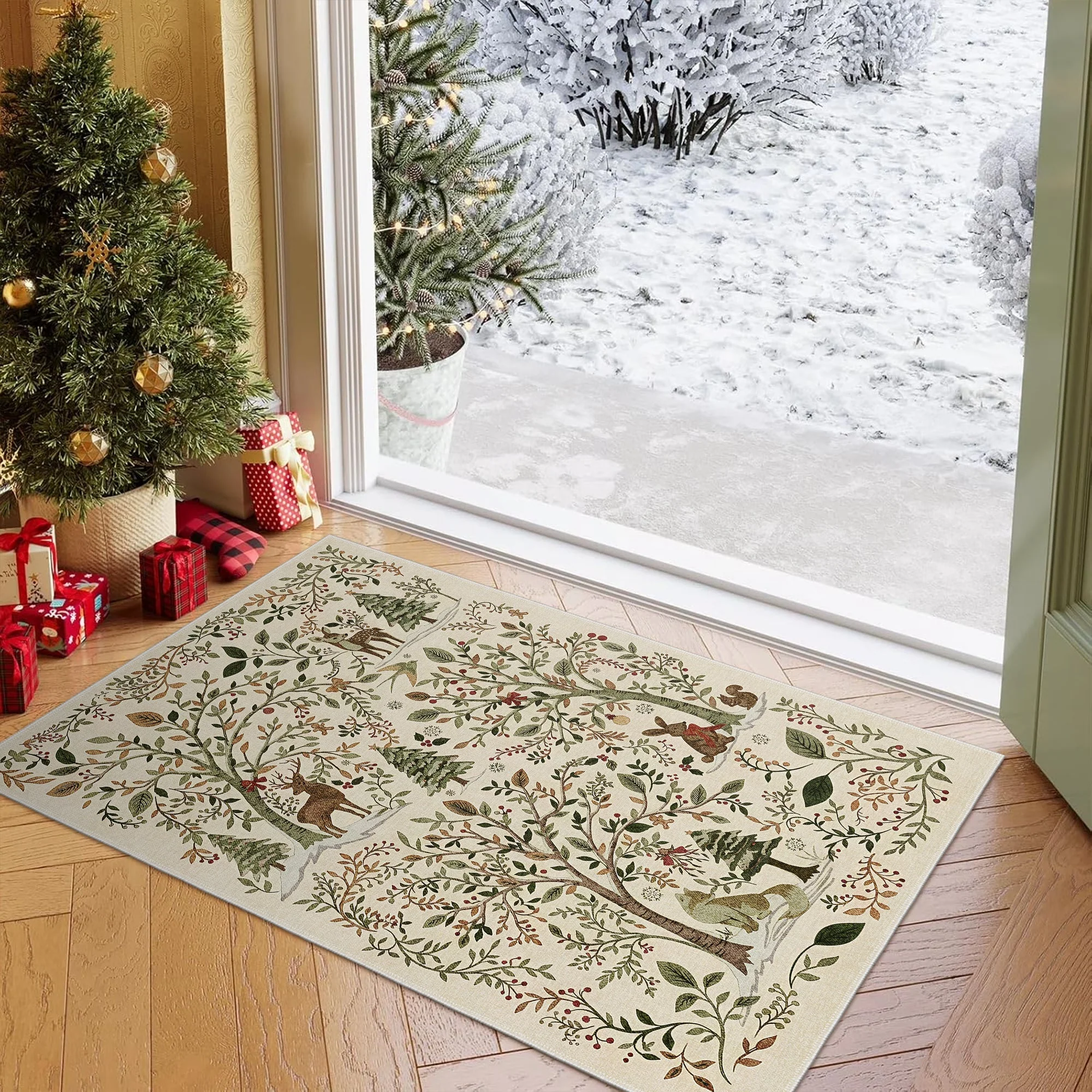 Tree Of Life Beige Machine Washable Cotton Area Rug - Image 2