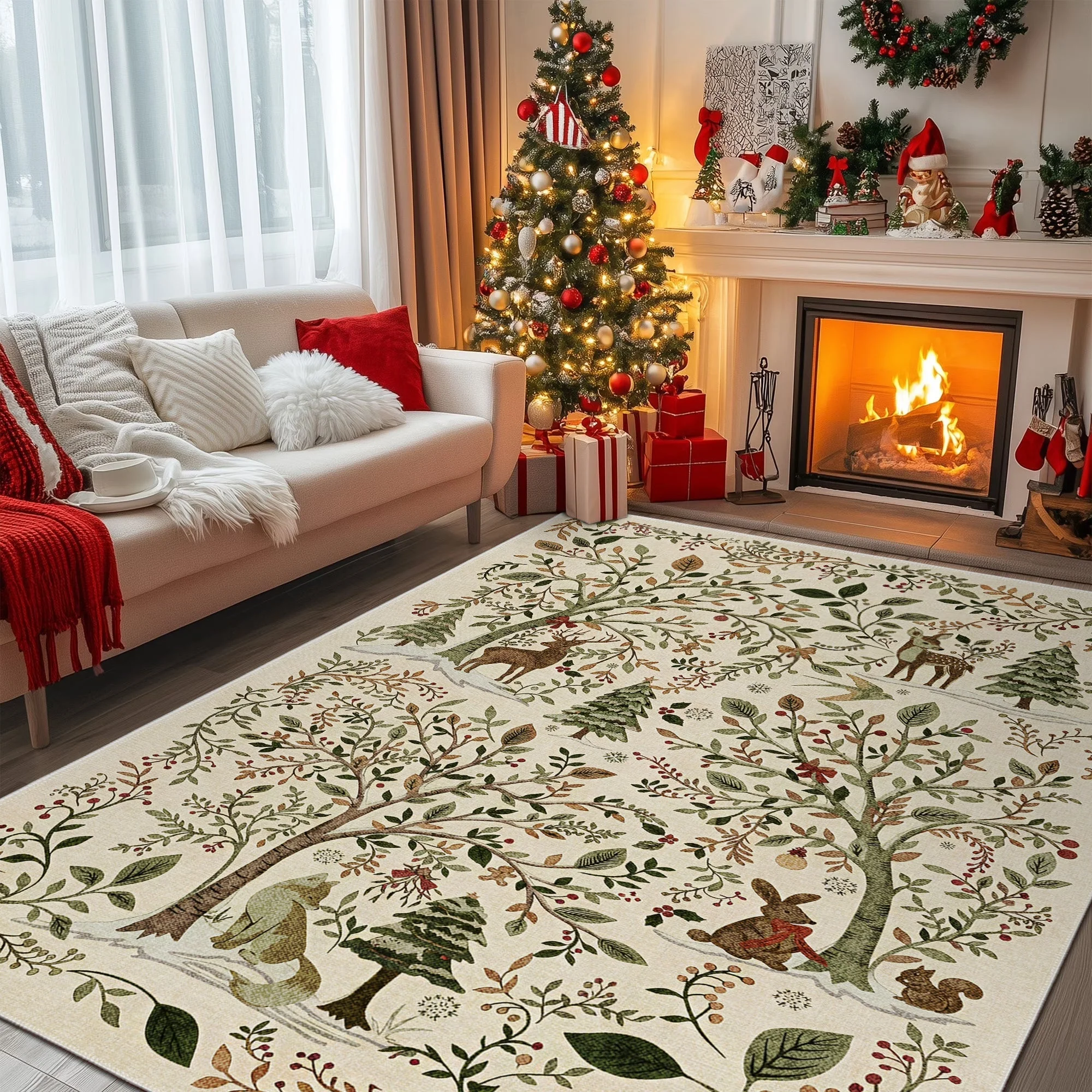 Tree Of Life Beige Machine Washable Cotton Area Rug - Image 4