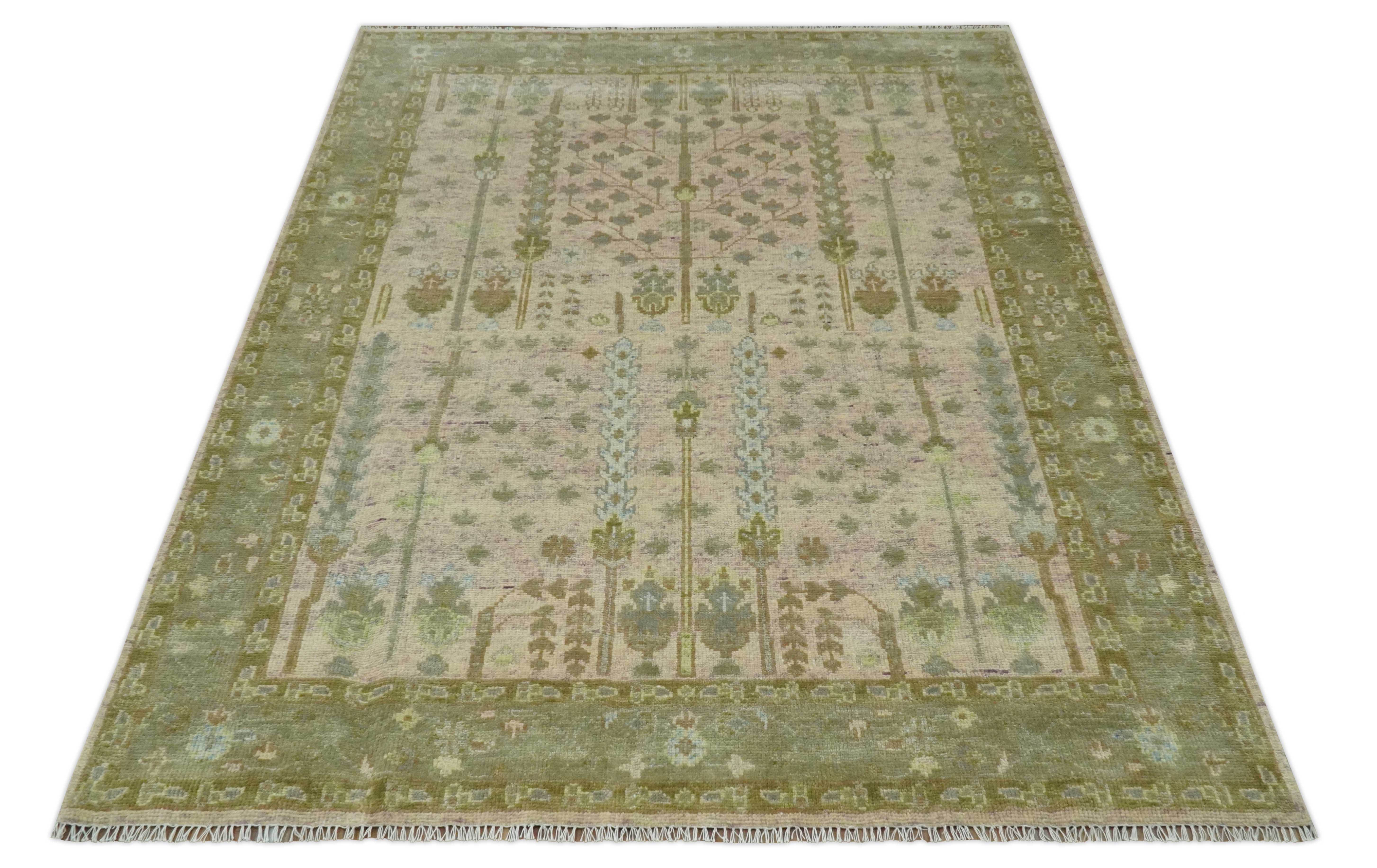 Tree of life Beige, Purple and Olive Hand Knotted Traditional Floral Custom Made wool rug - Image 10