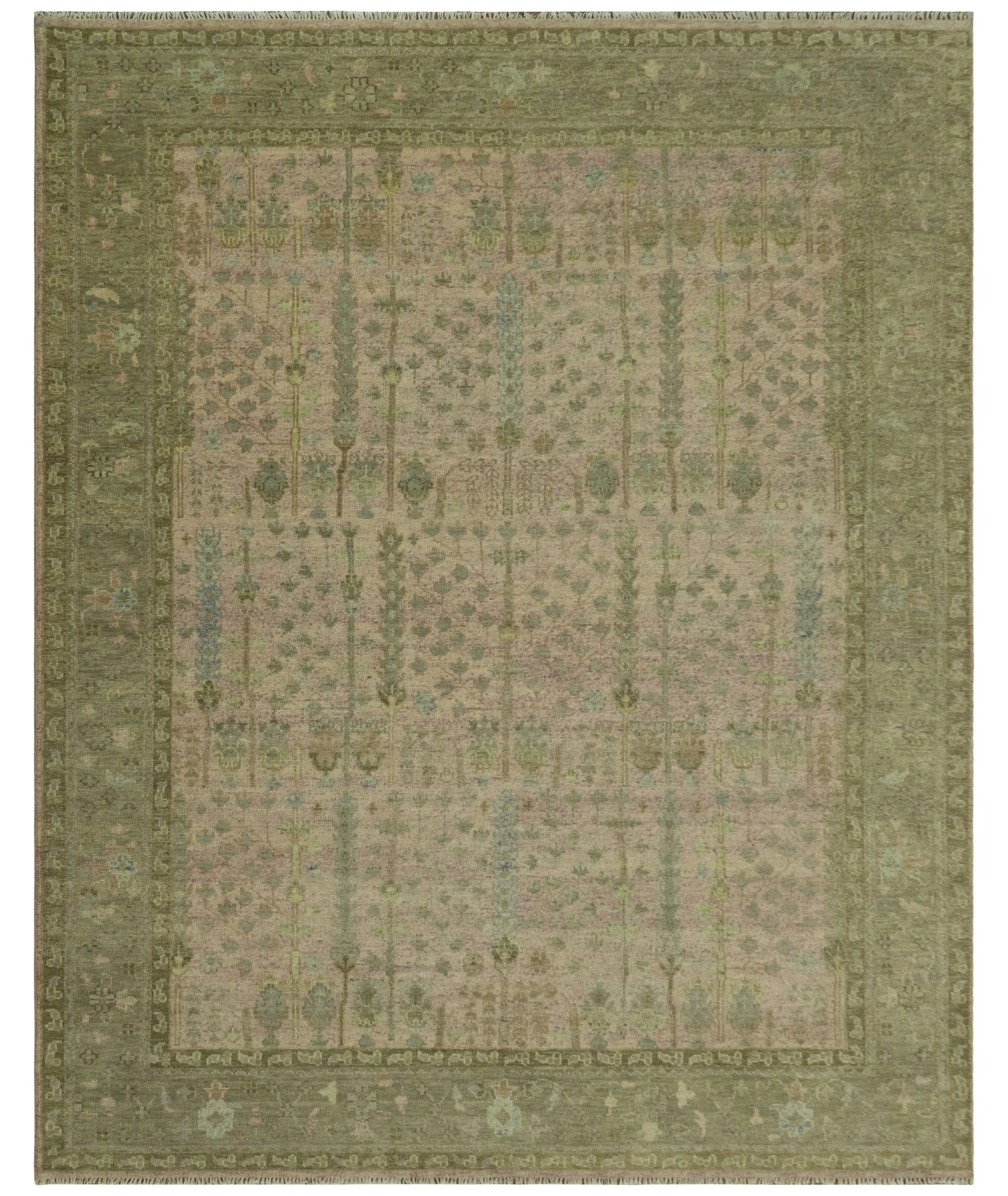 Tree of life Beige, Purple and Olive Hand Knotted Traditional Floral Custom Made wool rug - Image 11