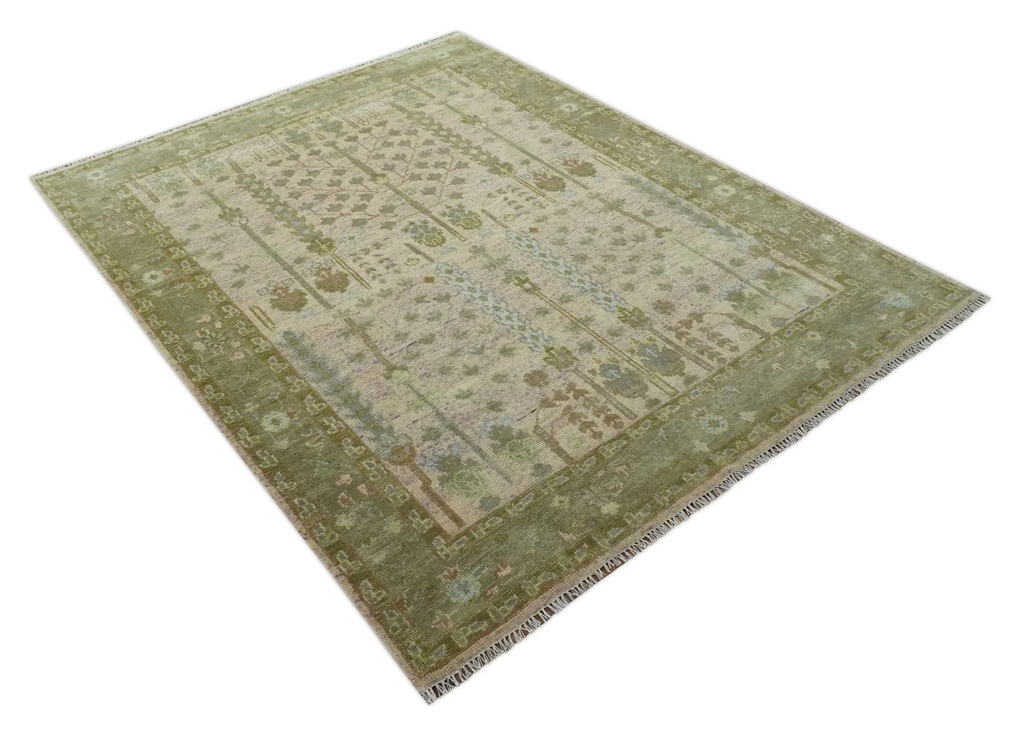 Tree of life Beige, Purple and Olive Hand Knotted Traditional Floral Custom Made wool rug - Image 9