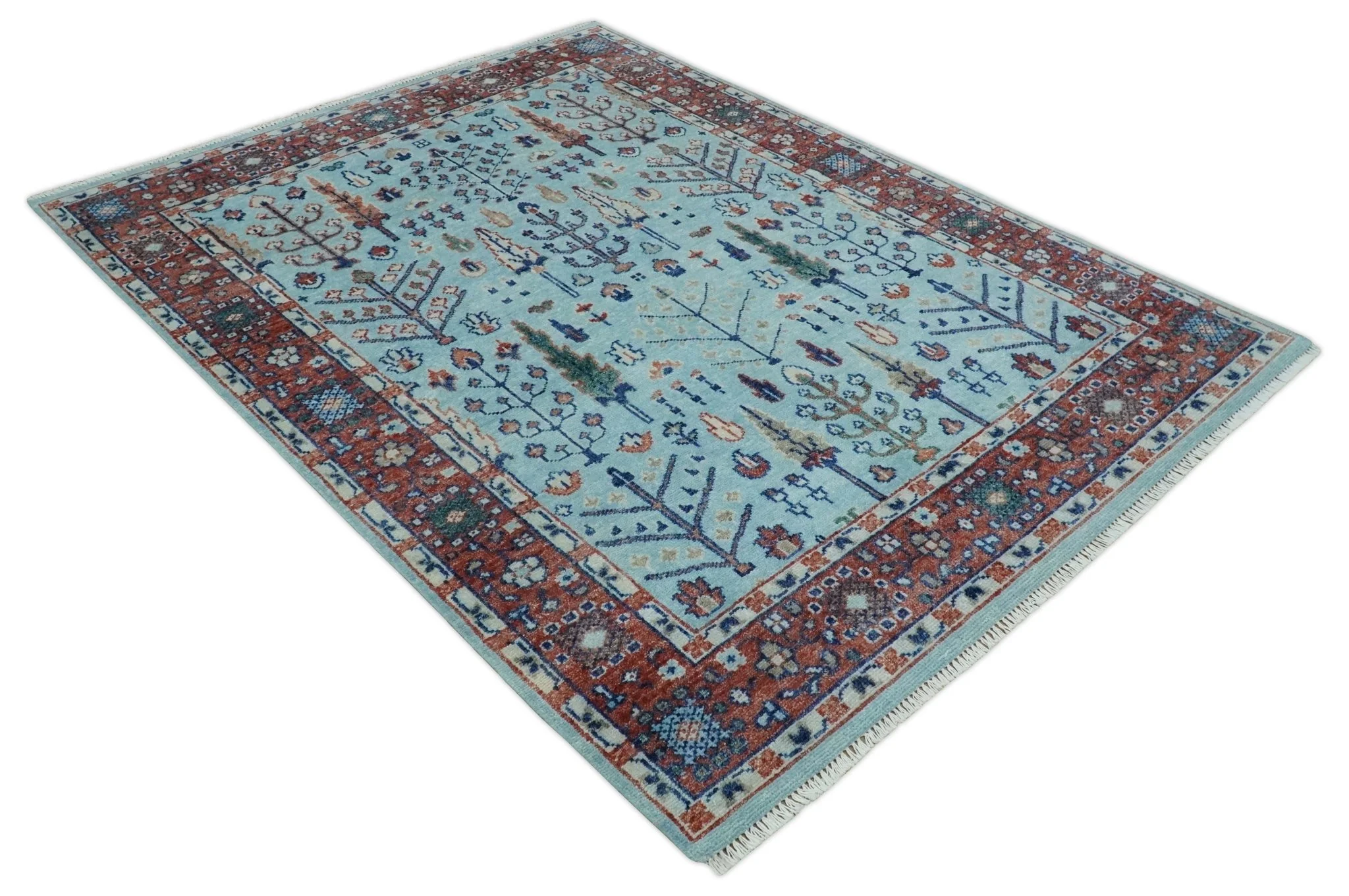 Tree of Life Hand Knotted Blue and Rust Modern Persian Vintage Oushak Custom Made Wool Rug - Image 10