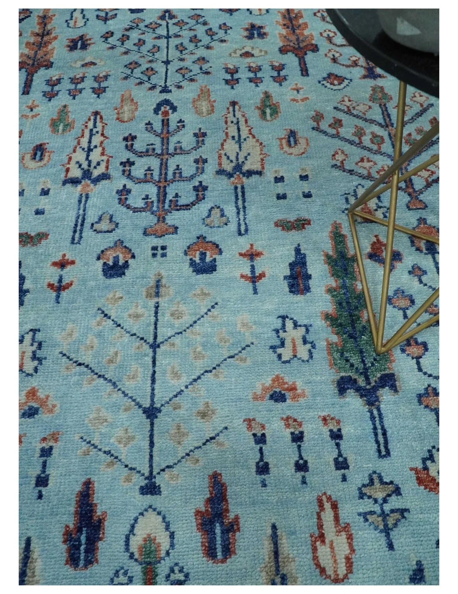 Tree of Life Hand Knotted Blue and Rust Modern Persian Vintage Oushak Custom Made Wool Rug - Image 2
