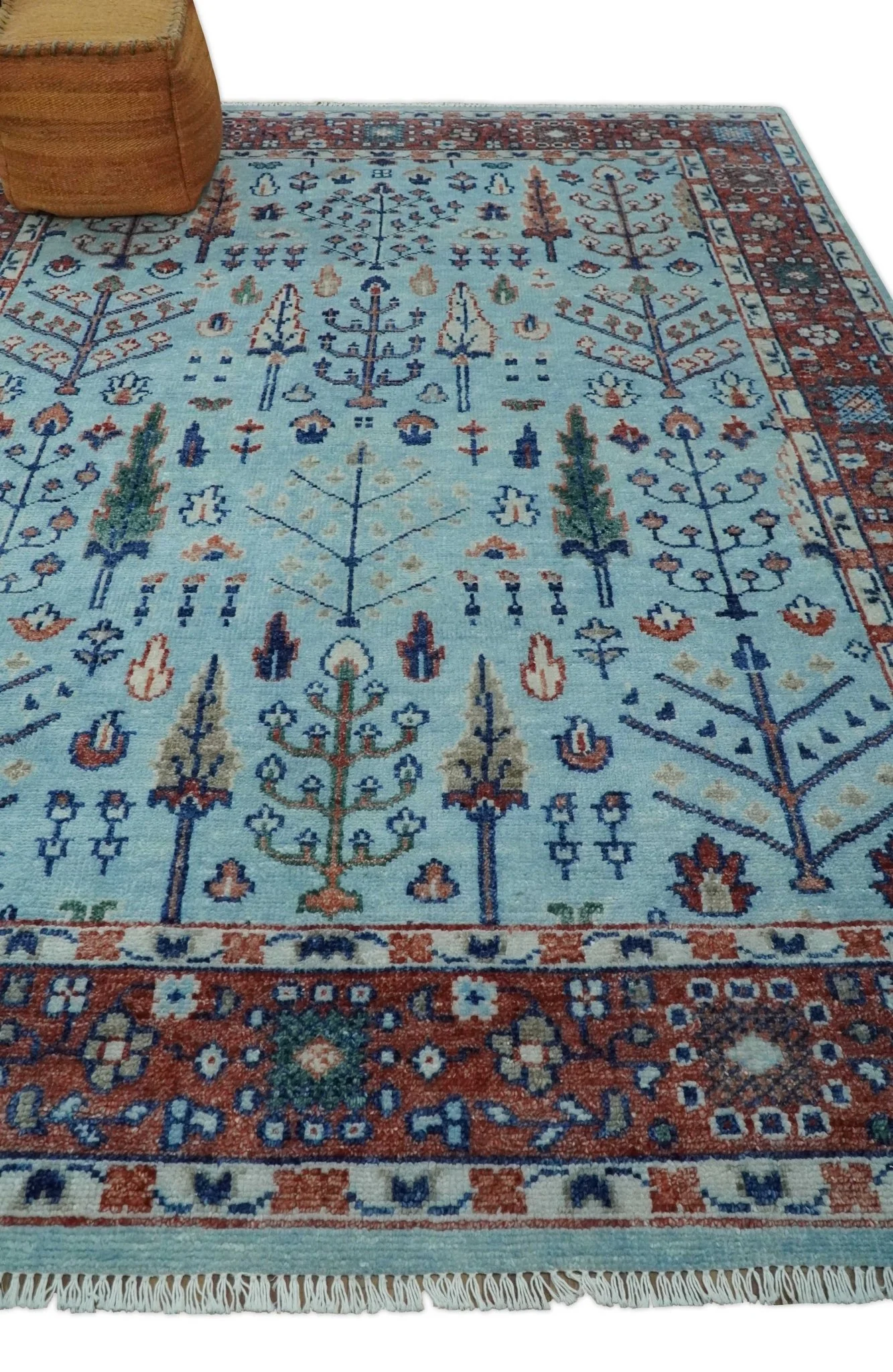 Tree of Life Hand Knotted Blue and Rust Modern Persian Vintage Oushak Custom Made Wool Rug - Image 3
