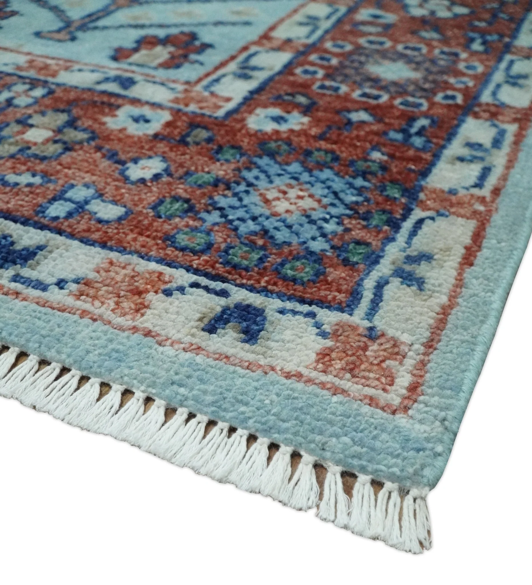 Tree of Life Hand Knotted Blue and Rust Modern Persian Vintage Oushak Custom Made Wool Rug - Image 5