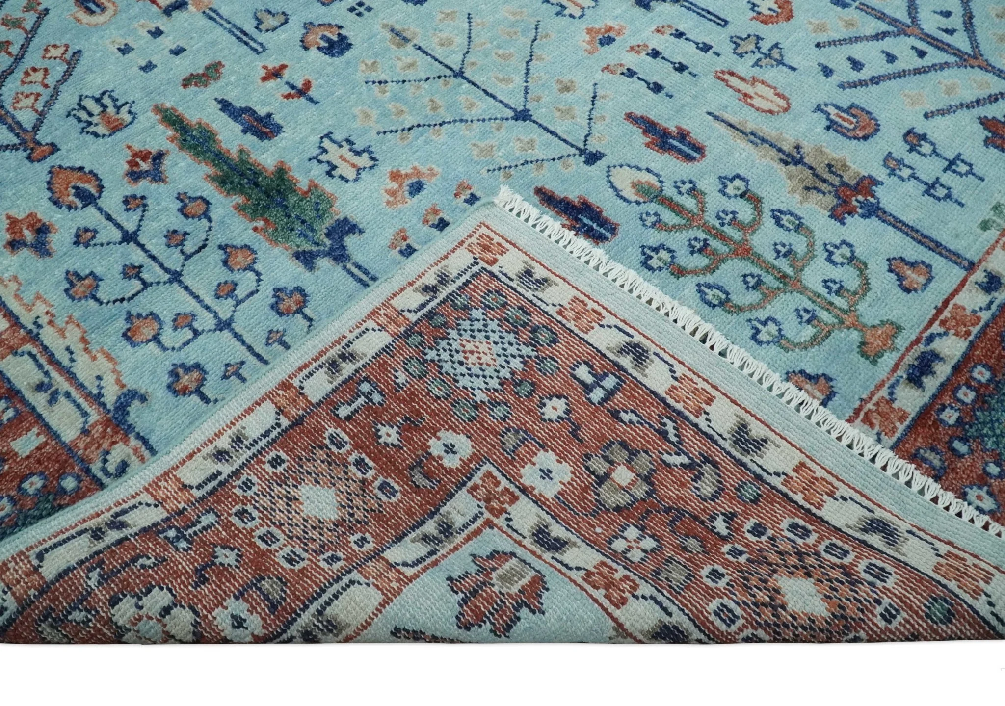 Tree of Life Hand Knotted Blue and Rust Modern Persian Vintage Oushak Custom Made Wool Rug - Image 7