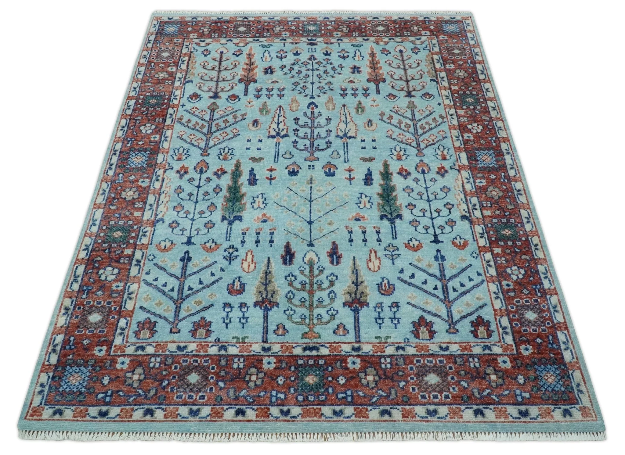 Tree of Life Hand Knotted Blue and Rust Modern Persian Vintage Oushak Custom Made Wool Rug - Image 9
