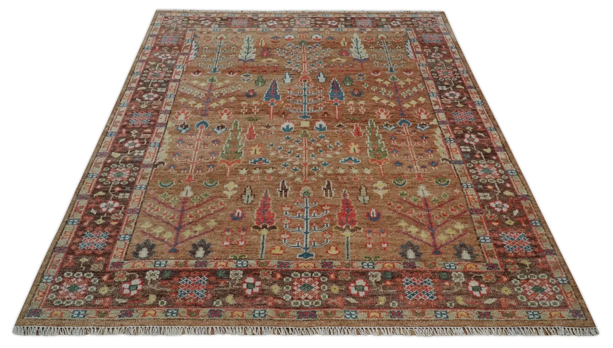 Custom made Tree of Life Brown and Rust Hand Knotted Traditional Oushak Wool Rug - Image 10