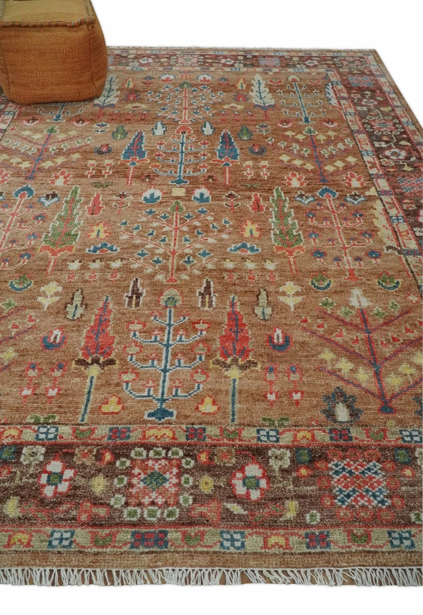 Custom made Tree of Life Brown and Rust Hand Knotted Traditional Oushak Wool Rug - Image 4