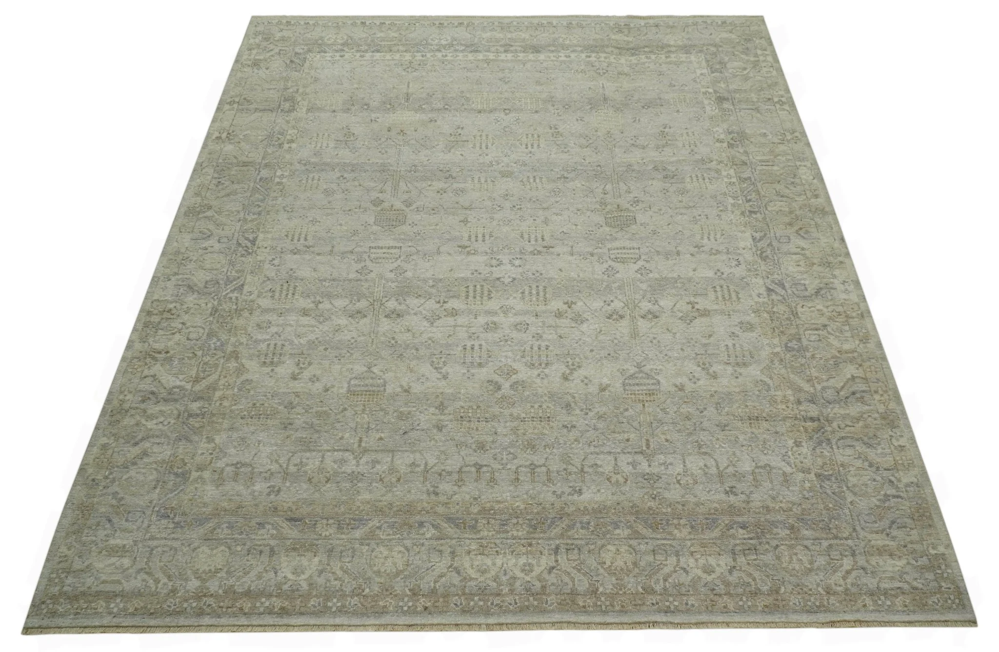 Distressed Silver And Beige Hand Knotted khotan design Custom Made wool area rug - Image 10