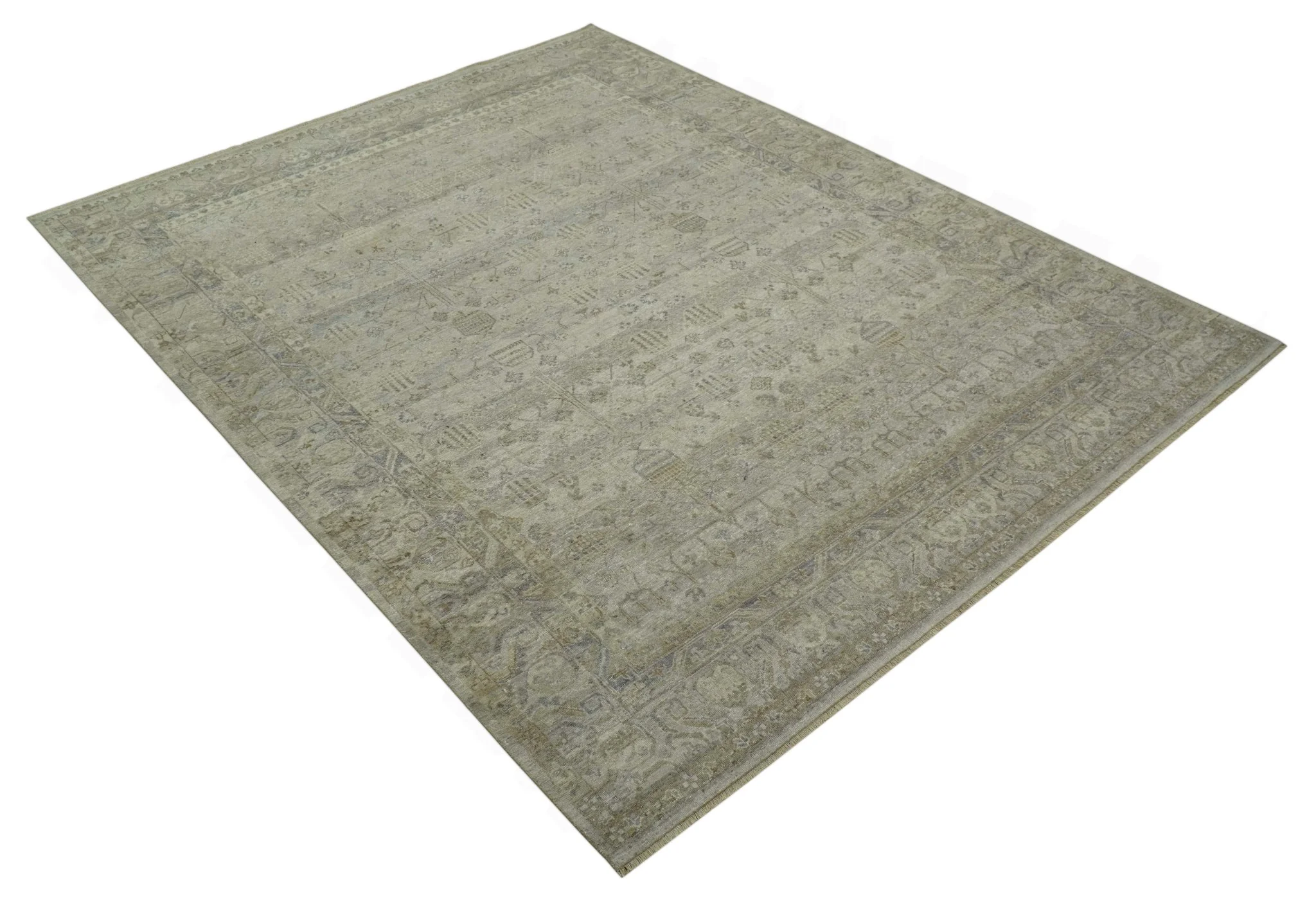 Distressed Silver And Beige Hand Knotted khotan design Custom Made wool area rug - Image 11